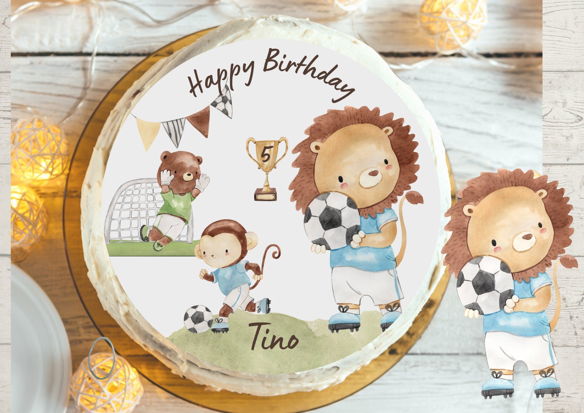 Tortenaufleger Fußball mit Name – Löwe & Bär geburtstag – Fondantbild personalisiert – Party Decor