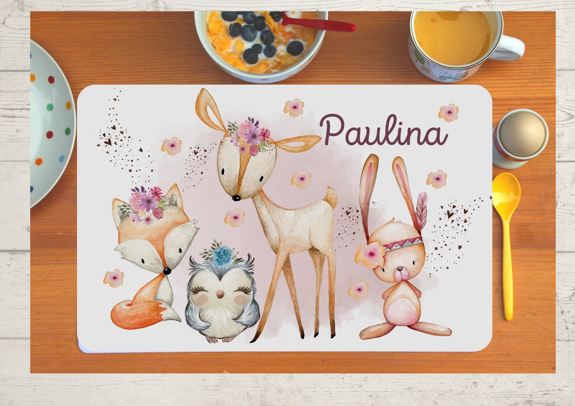 Platzdeckchen mit Name Waldtiere Bär Reh Hase – Placemats