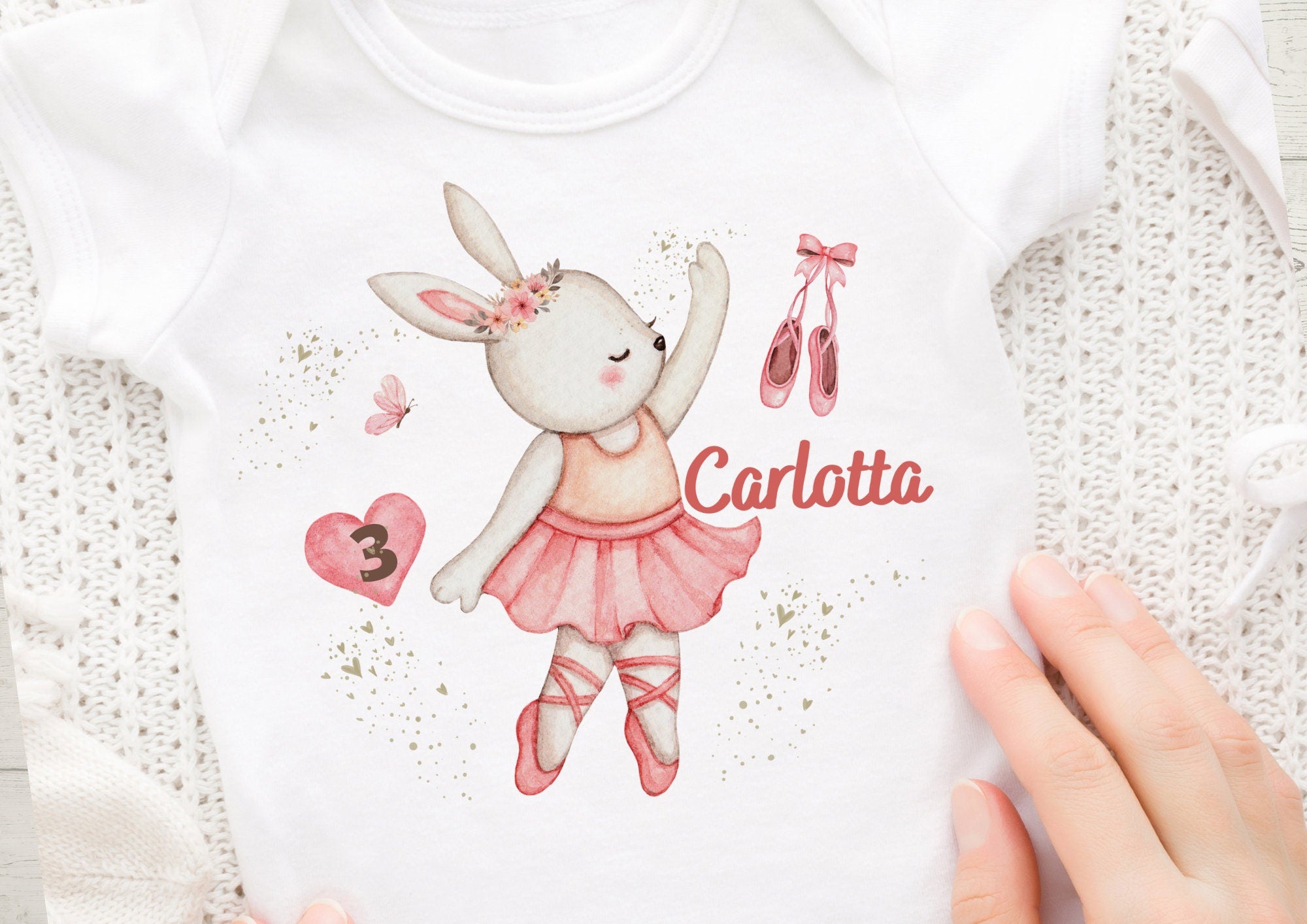 Bügelbild Ballerina mit Name & Alter – personalisiert für – Hase Watercolor Motiv – Geburtstagsshirt – A4 oder A5 – Appliques & Patches