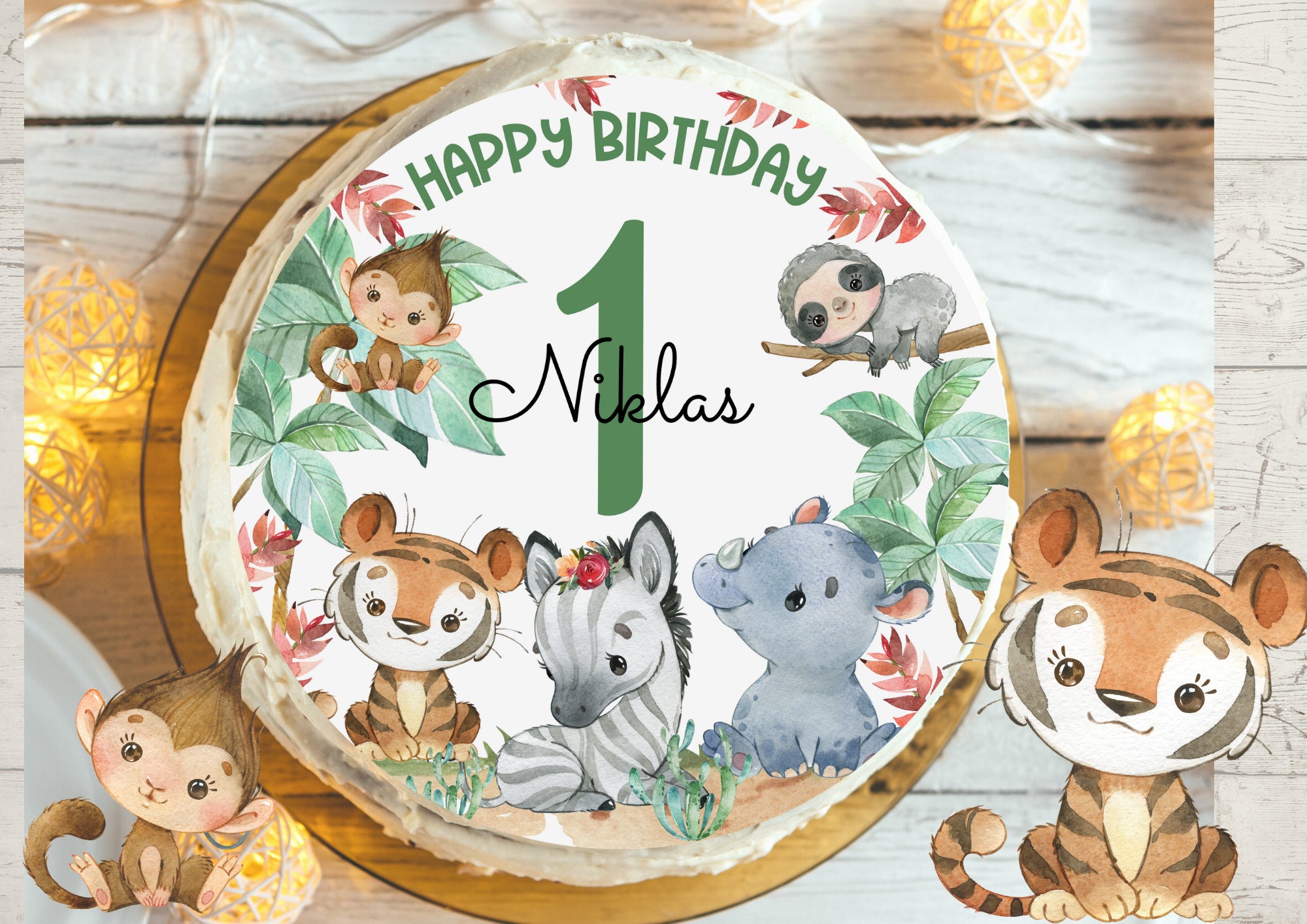 Tortenaufleger Fondant Geburtstag Löwe Elefant Dschungel Safari Safaritiere Wild One – Party Decor