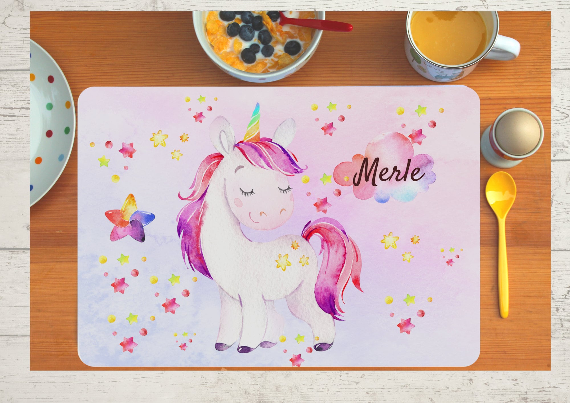 Platzdeckchen mit Name Einhorn Rosa Regenbogen – Placemats