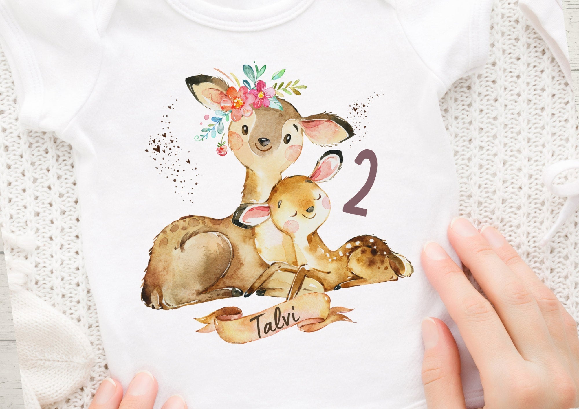 Bügelbild mit Wunschname und Alter personalisiert Waldtiere Rehkitz Reh Mama und Baby – Appliques & Patches