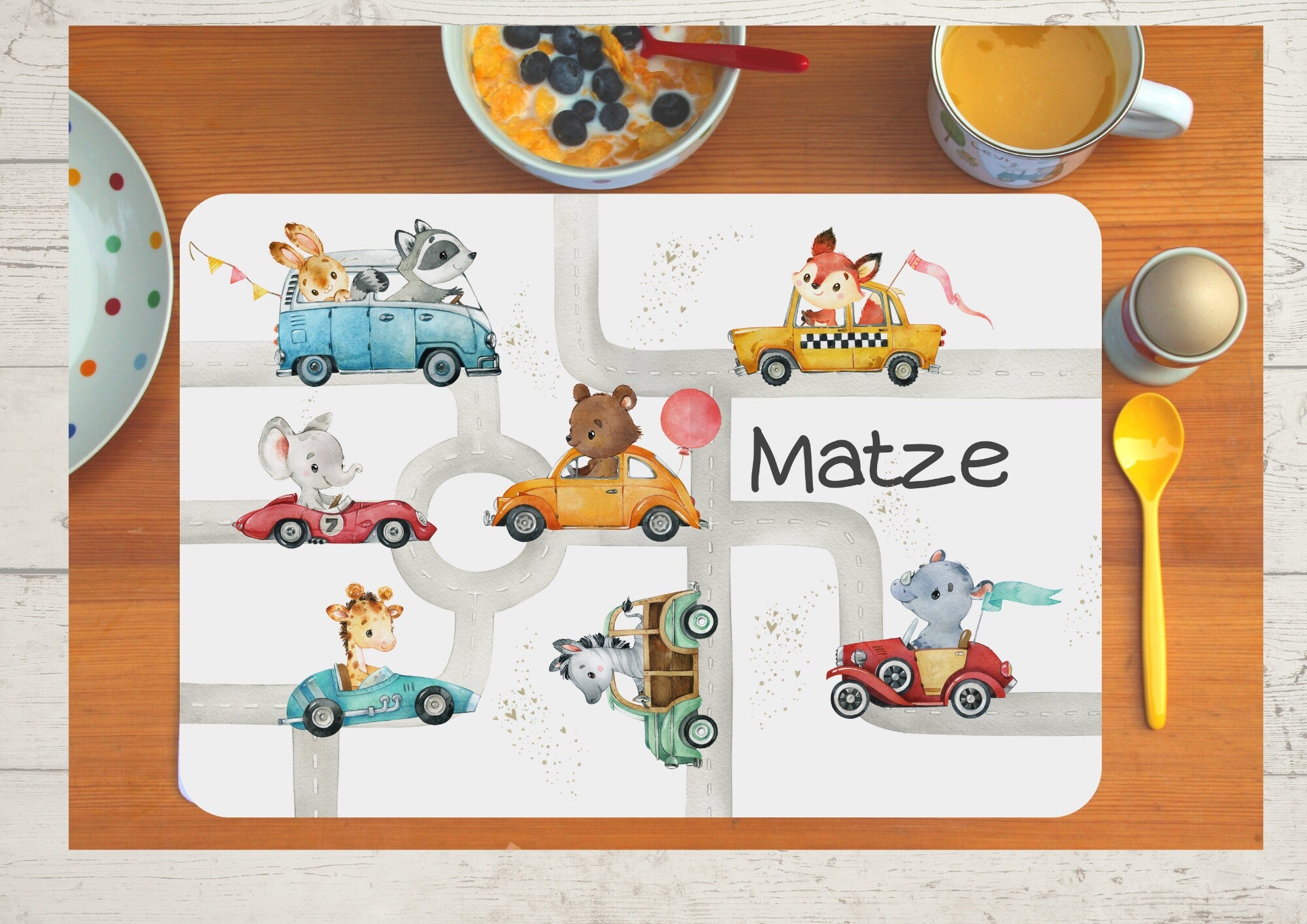 Platzdeckchen mit Name Stadt Straße Autos Fahrzeuge Fuchs Elefant Tiere – Placemats