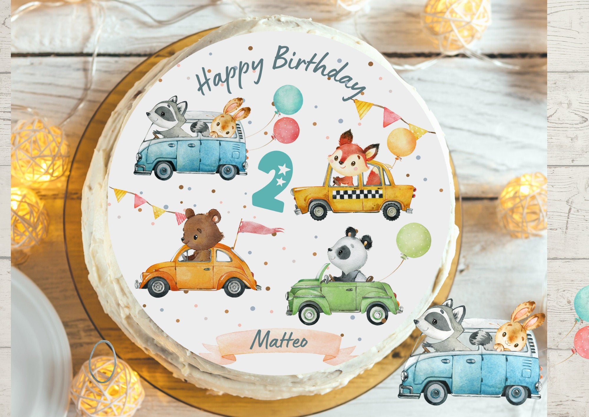 Tortenaufleger Auto & Fuchs – Fondantbild personalisiert – Geburtstag – Waldtiere und Fahrzeuge – Tortenbild n/ – Party Decor