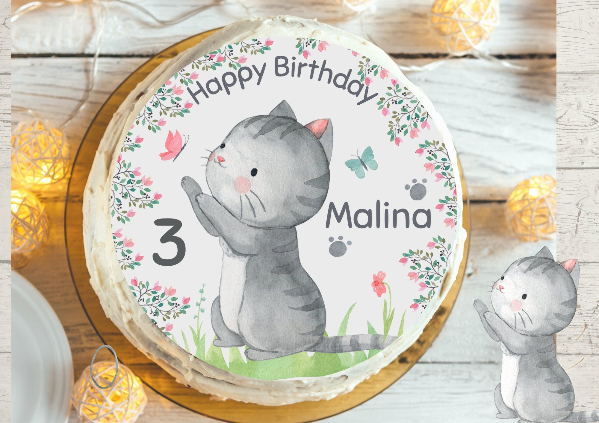 Tortenaufleger Katze & Schmetterling – personalisiertes Fondantbild mit Name und Alter – essbares Ø 20 cm – vegan und glutenfrei – Party Decor