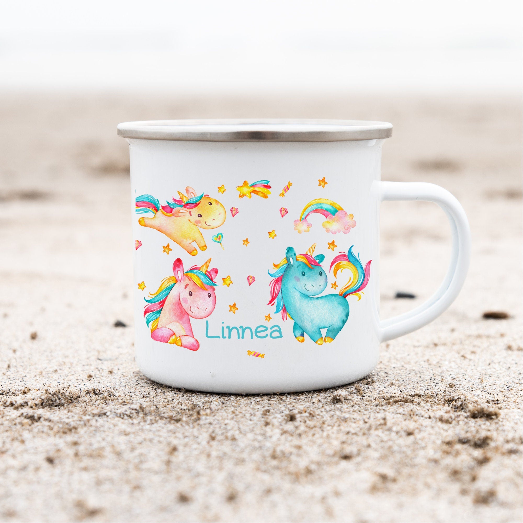 Emailletasse mit Namen personalisiert Einhorn Glitzer Sterne – Mugs