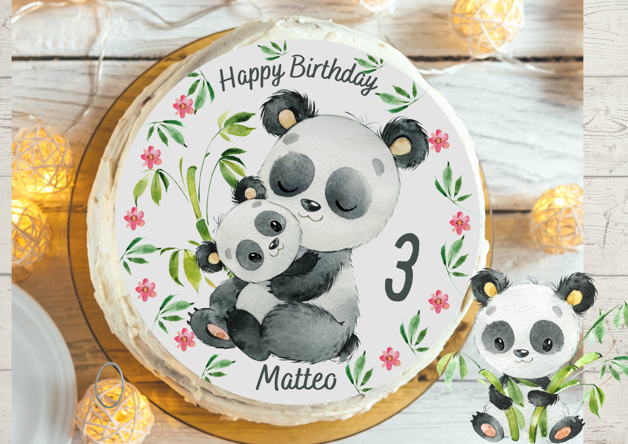 Tortenaufleger Panda mit Name – Fondantbild Mama & Baby – personalisiert für geburtstag – 20 cm – Party Decor