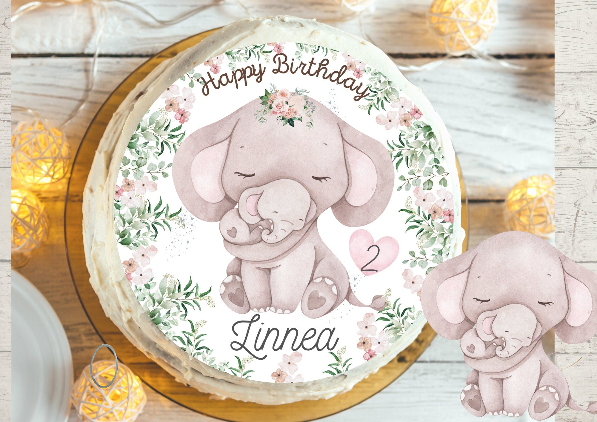 Tortenaufleger Fondant Geburtstag Elefant Baby Mama Eukalyptus – Party Decor