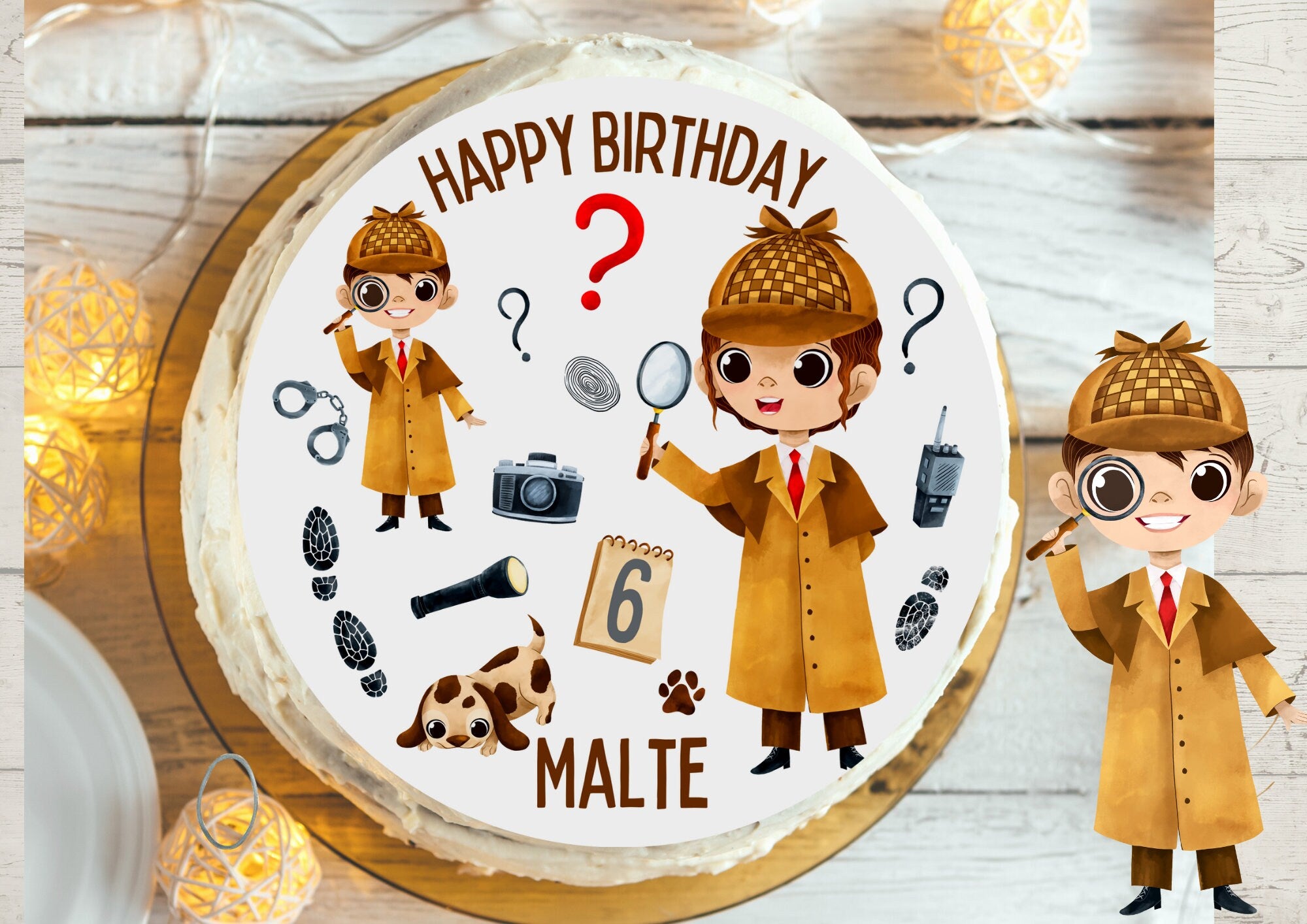 Tortenaufleger Detektiv – personalisiert mit Name & Zahl – Spurensuche Geburtstag – Party Decor