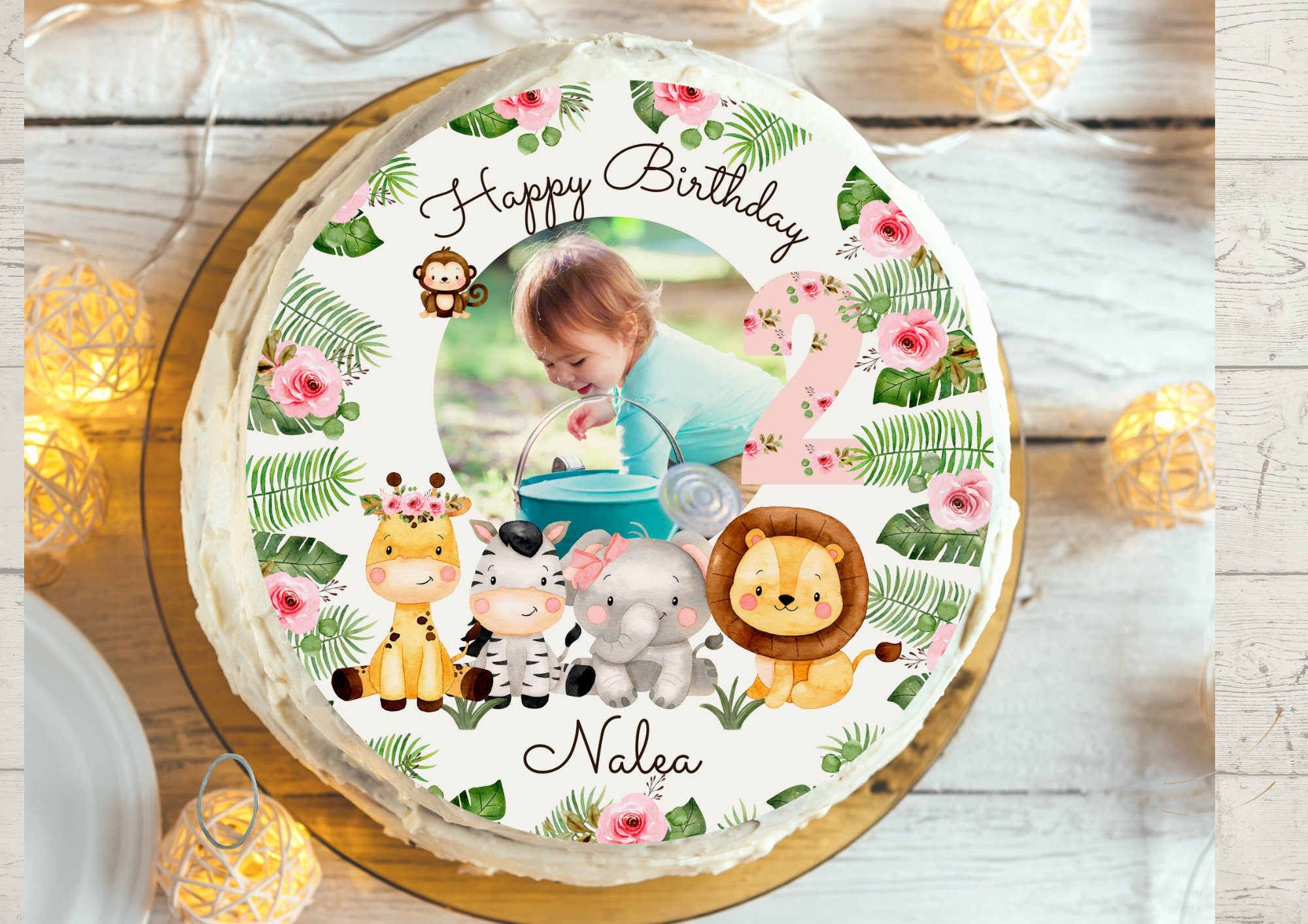 Tortenaufleger mit Foto Fondant Geburtstag Dschungel Dschungeltiere Löwe, Giraffe – Party Decor