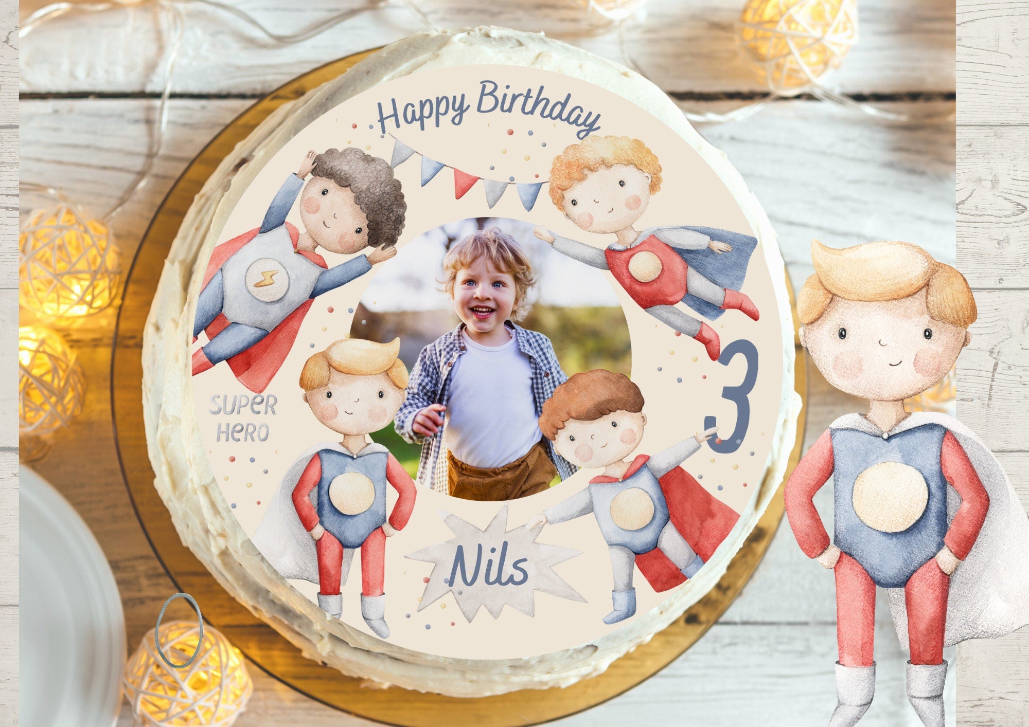 Tortenaufleger mit Foto Fondant Geburtstag Superheld Superheldin Hero Held Superkraft – Party Decor