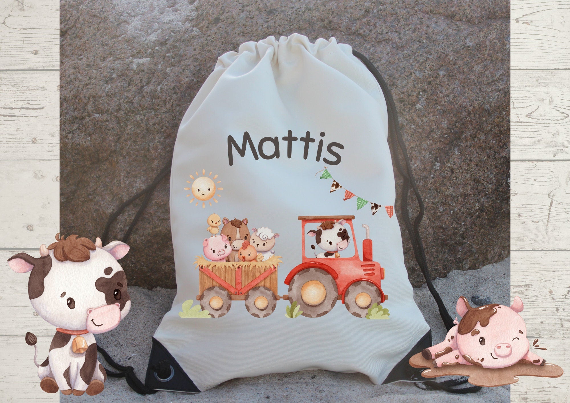 Turnbeutel mit Name personalisiert Traktor Trecker Bauernhof Bauernhoftiere Schaf Pferd Kuh Schwein – Team Sports & Gym Bags