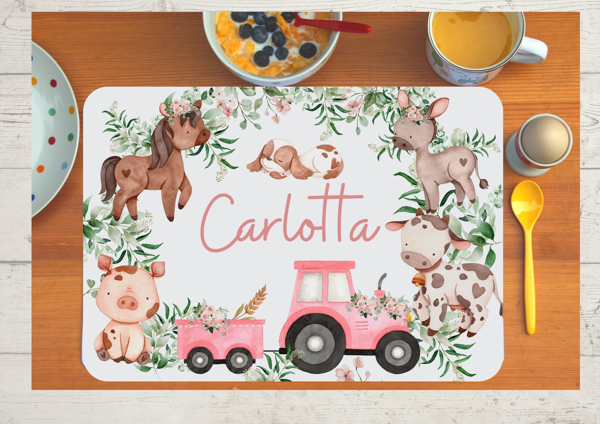 Platzdeckchen mit Name Stadt Straße Autos Traktor Trecker Bauernhof Bauernhoftiere Pferd Kuh – Placemats