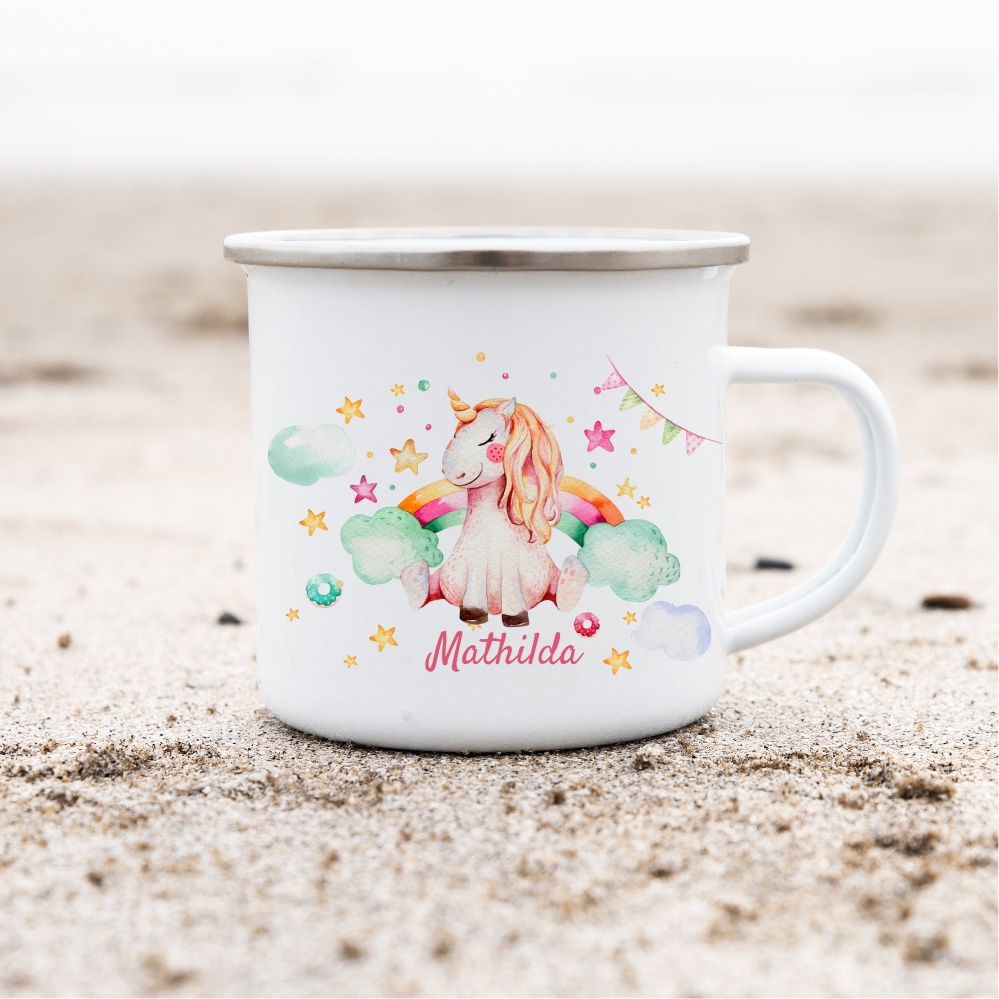 Emailletasse mit Namen personalisiert Einhorn Glitzer Sterne Regenbogen – Mugs