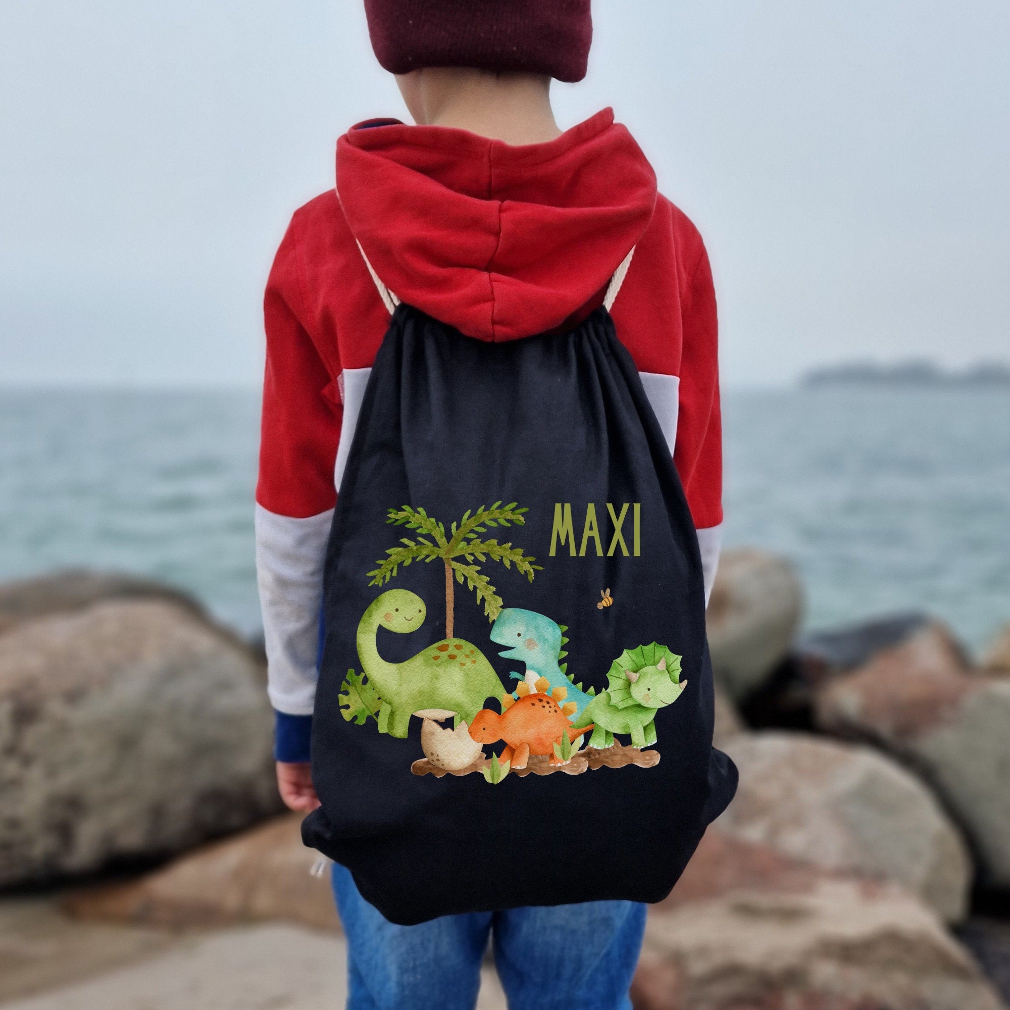 Turnbeutel Dino mit Namen – personalisierter – Geschenk Einschulung garten Schule – Dinosaurier Motiv – Team Sports & Gym Bags