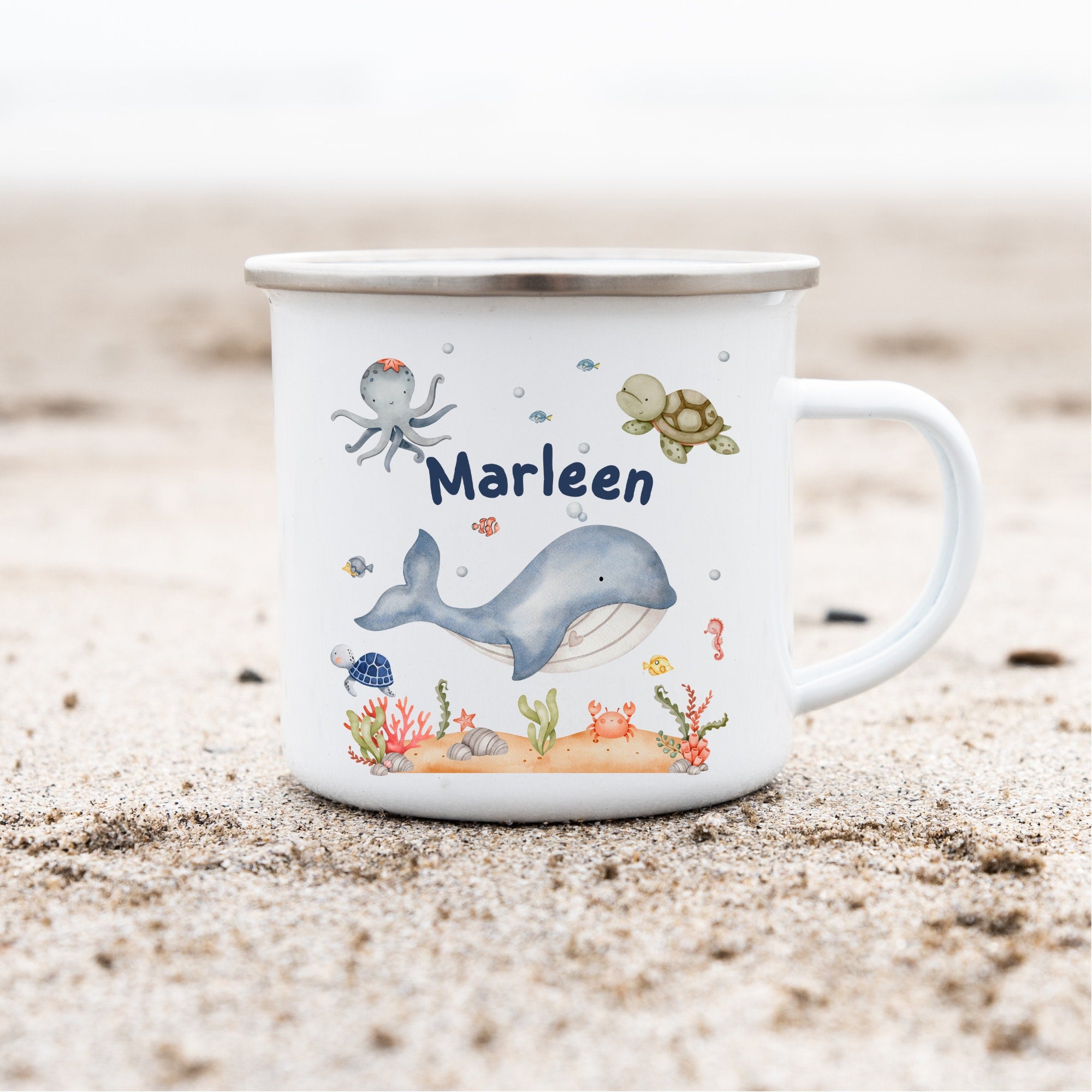 Emailletasse mit Namen personalisiert Wal Unterwasser Meer Maritim Schildkröte – Mugs