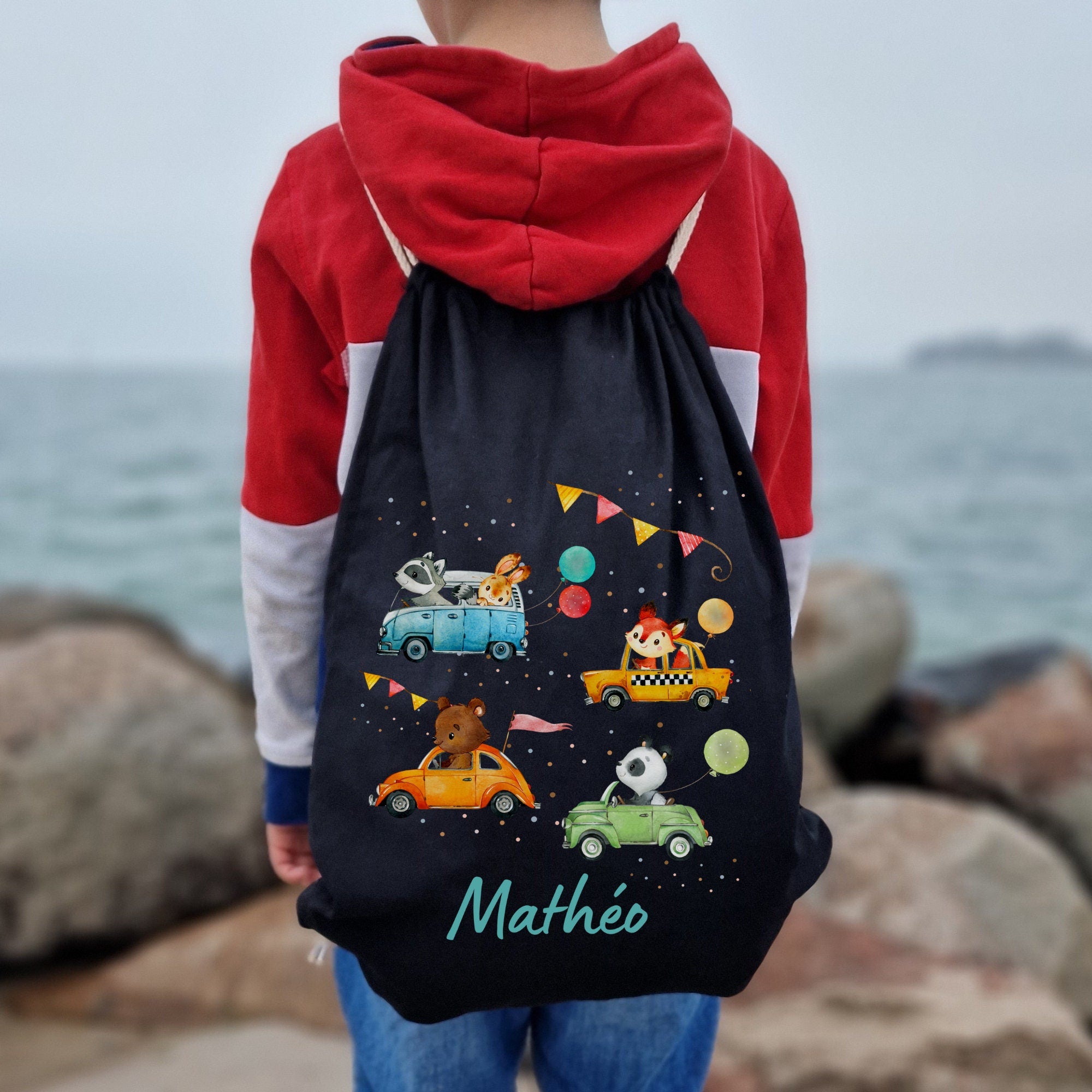 Turnbeutel mit Name personalisiert Fahrzeuge Auto Waldtiere Bär Fuchs Waschbär – Team Sports & Gym Bags