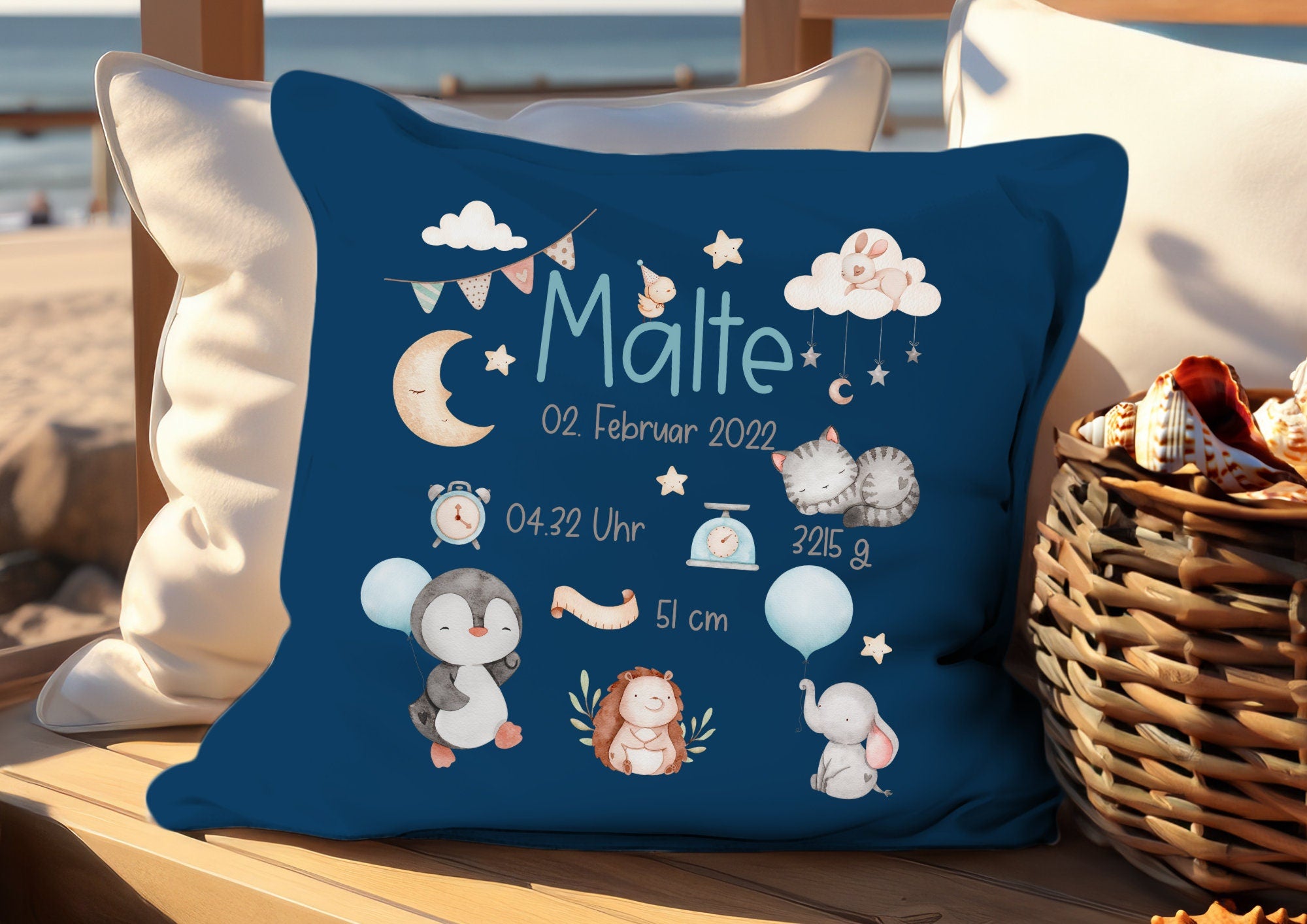 Kissenbezug Geburtskissen Geburtsdaten Geschenk zur Geburt personalisiert Pinguin Katze Elefant Igel Wolke – Pillowcases