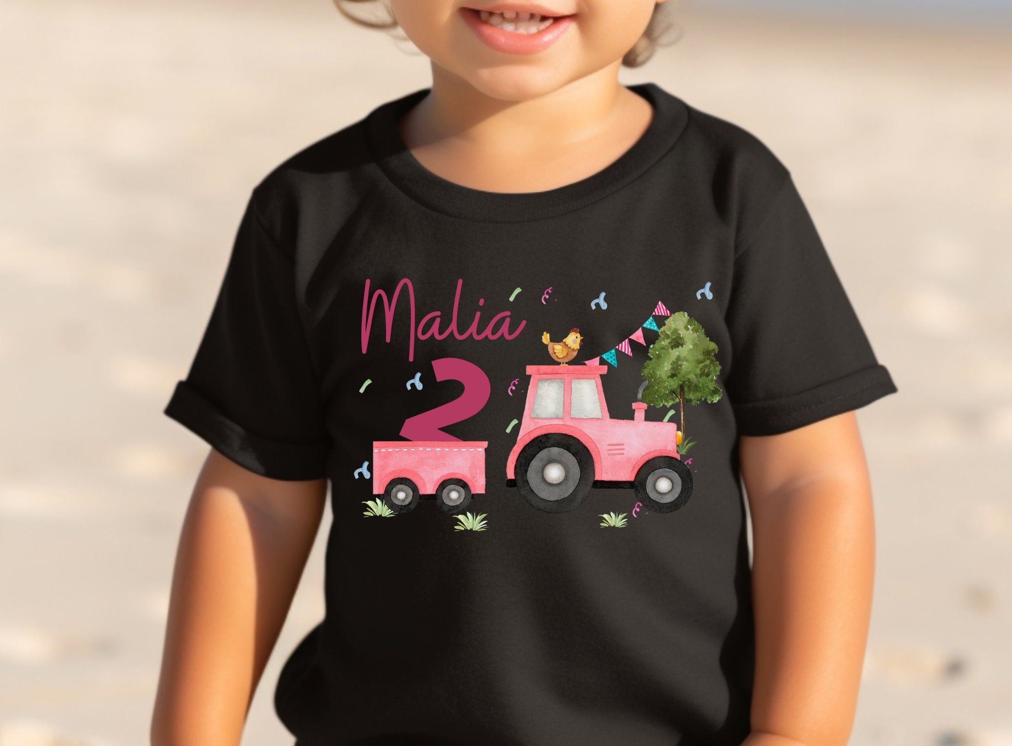 Geburtstagsshirt personalisiert Traktor Trecker Bauernhof Bauernhoftiere rosa – T-shirts