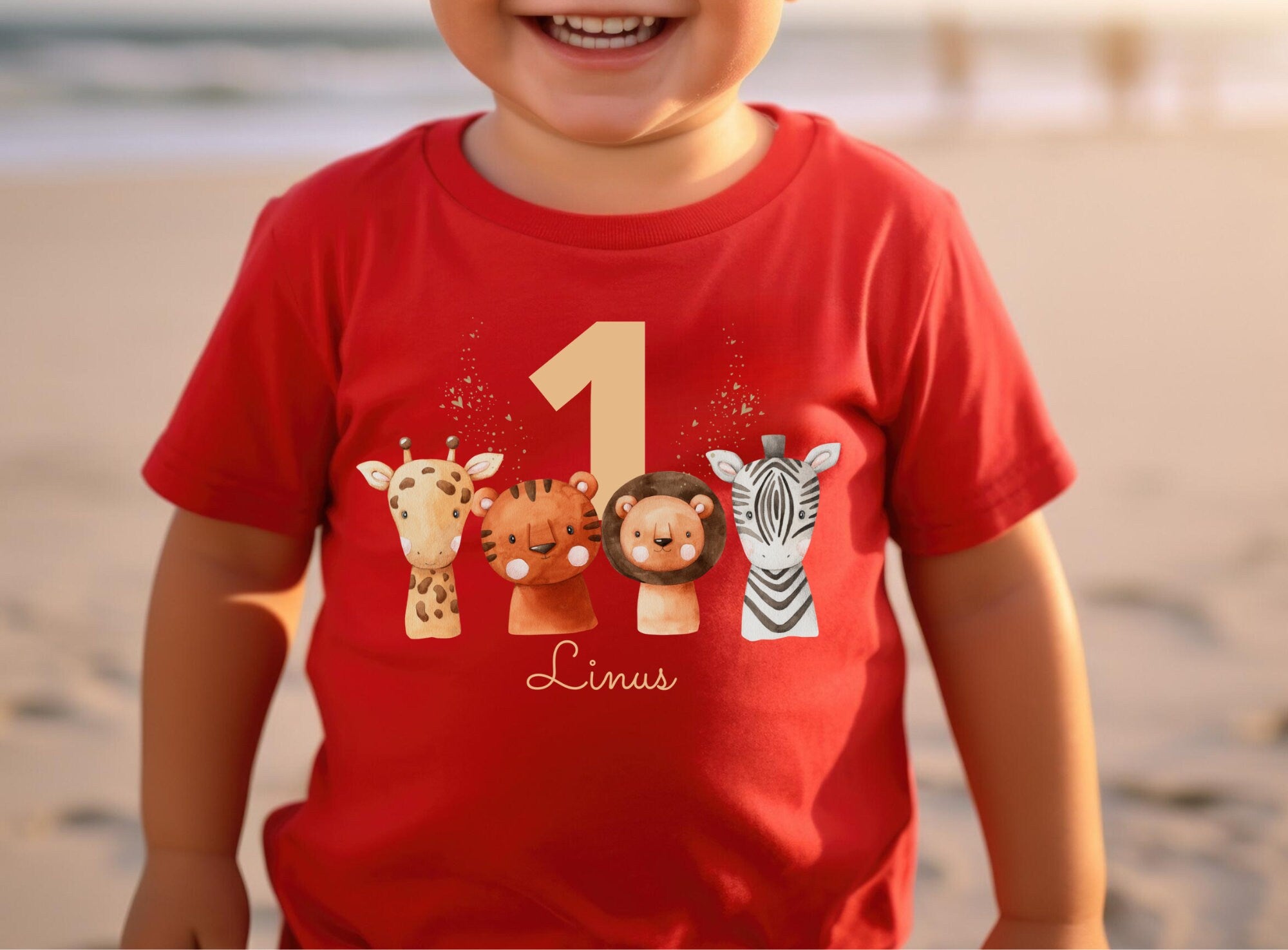 T-Shirt mit Safari-Tieren für Kinder – Motiv mit Giraffe, Zebra, Löwe und Tiger – personalisierbar mit Name und Alter