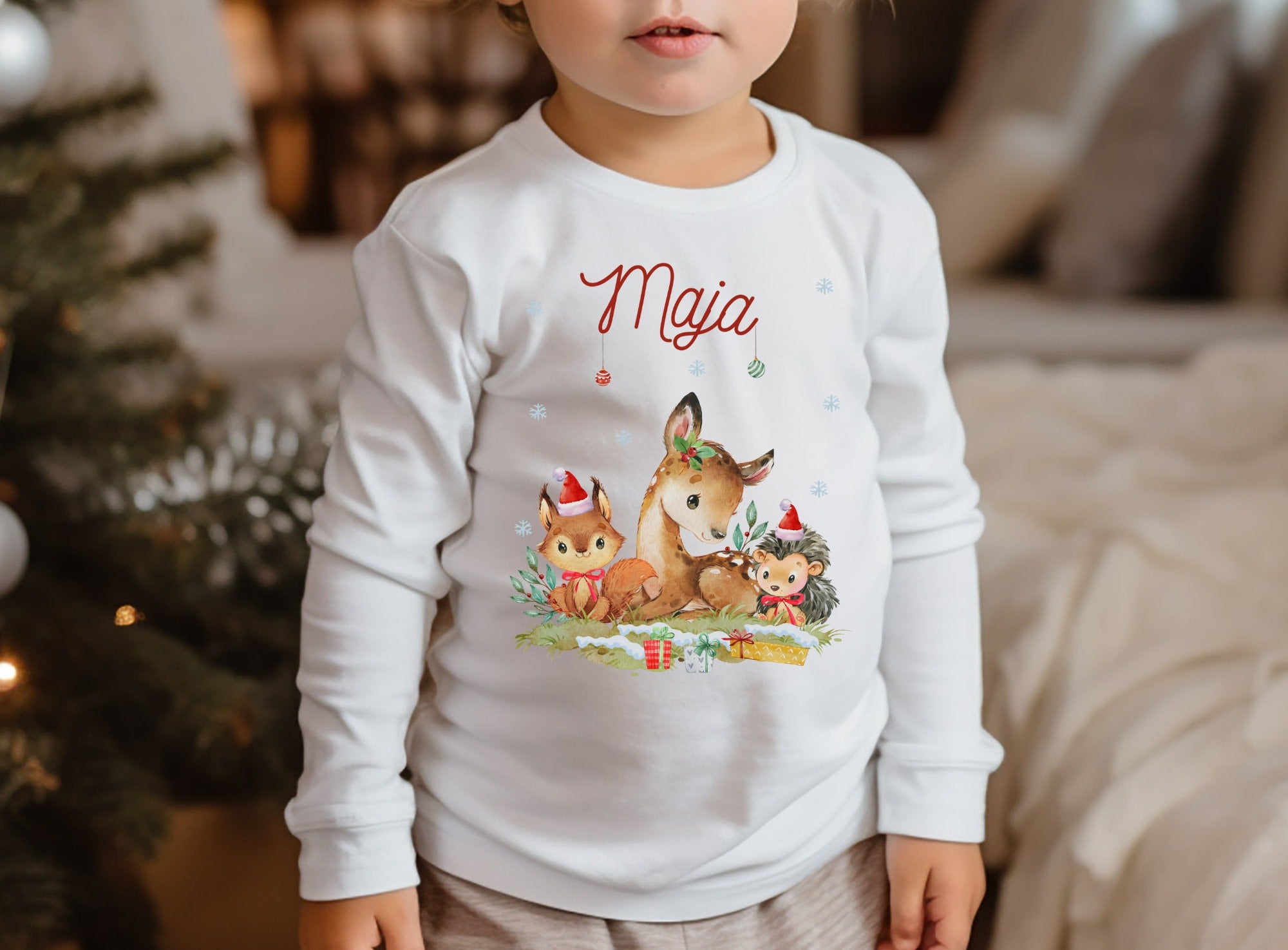 Weihnachten Weihnachtsshirt Weihnachtspullover personalisiert Weihnachtsmann Reh Waldtiere Fuchs