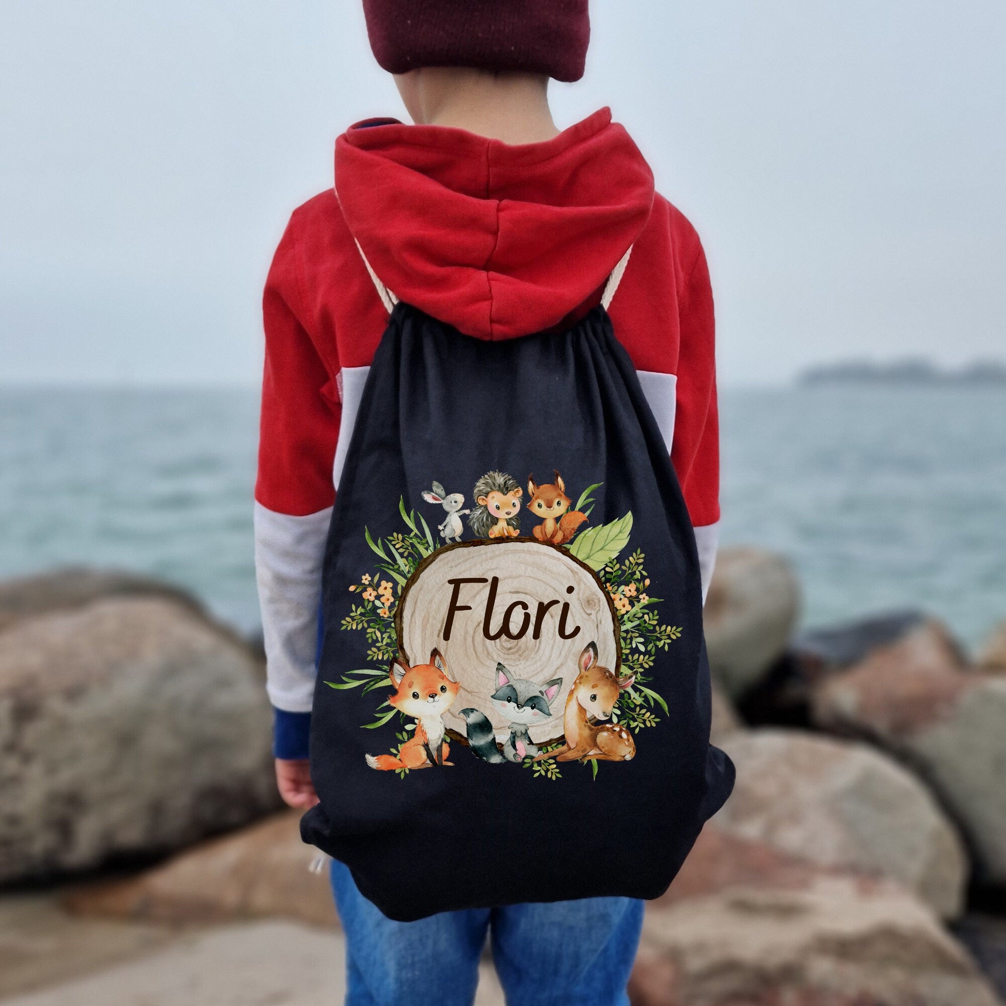 Turnbeutel mit Name personalisiert Waldtiere Fuchs Reh Igel Hase Waschbär – Team Sports & Gym Bags