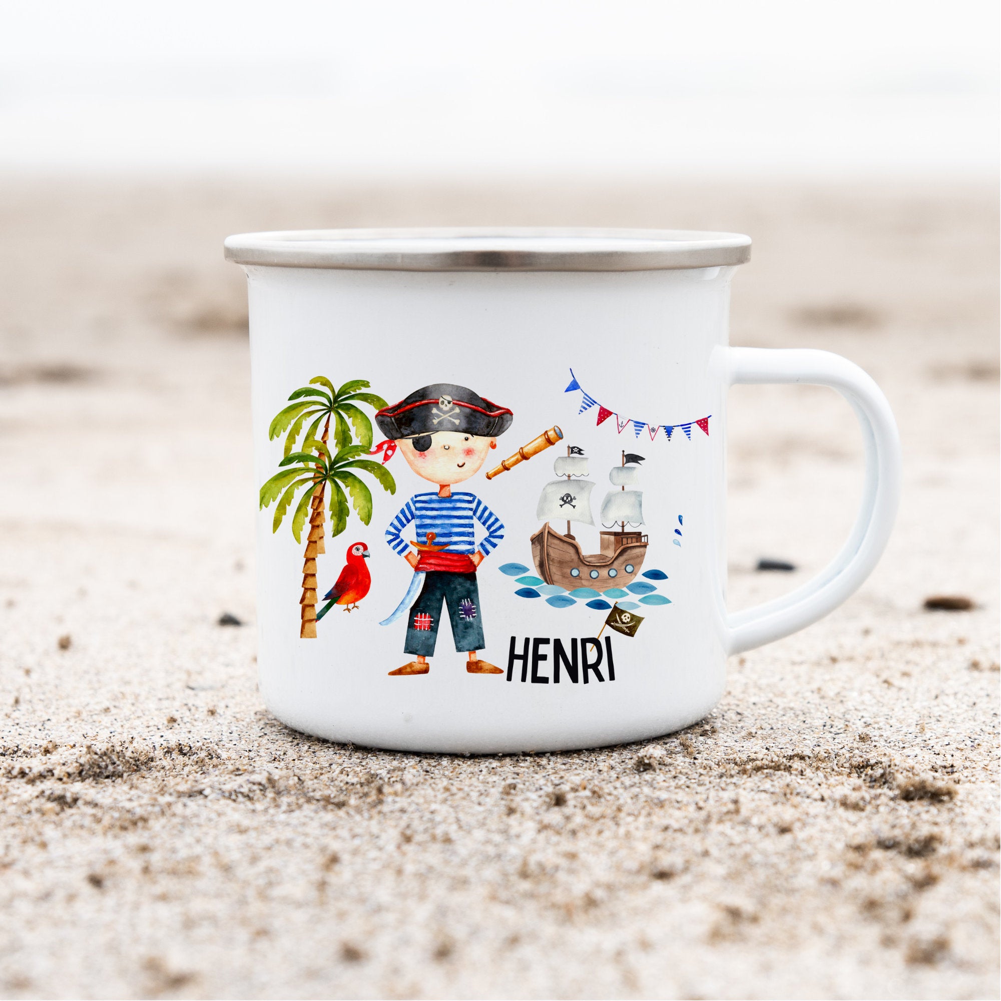 Emailletasse mit Namen personalisiert Pirat Seeräuber Piratenschiff Unterwasser Meerestiere – Mugs