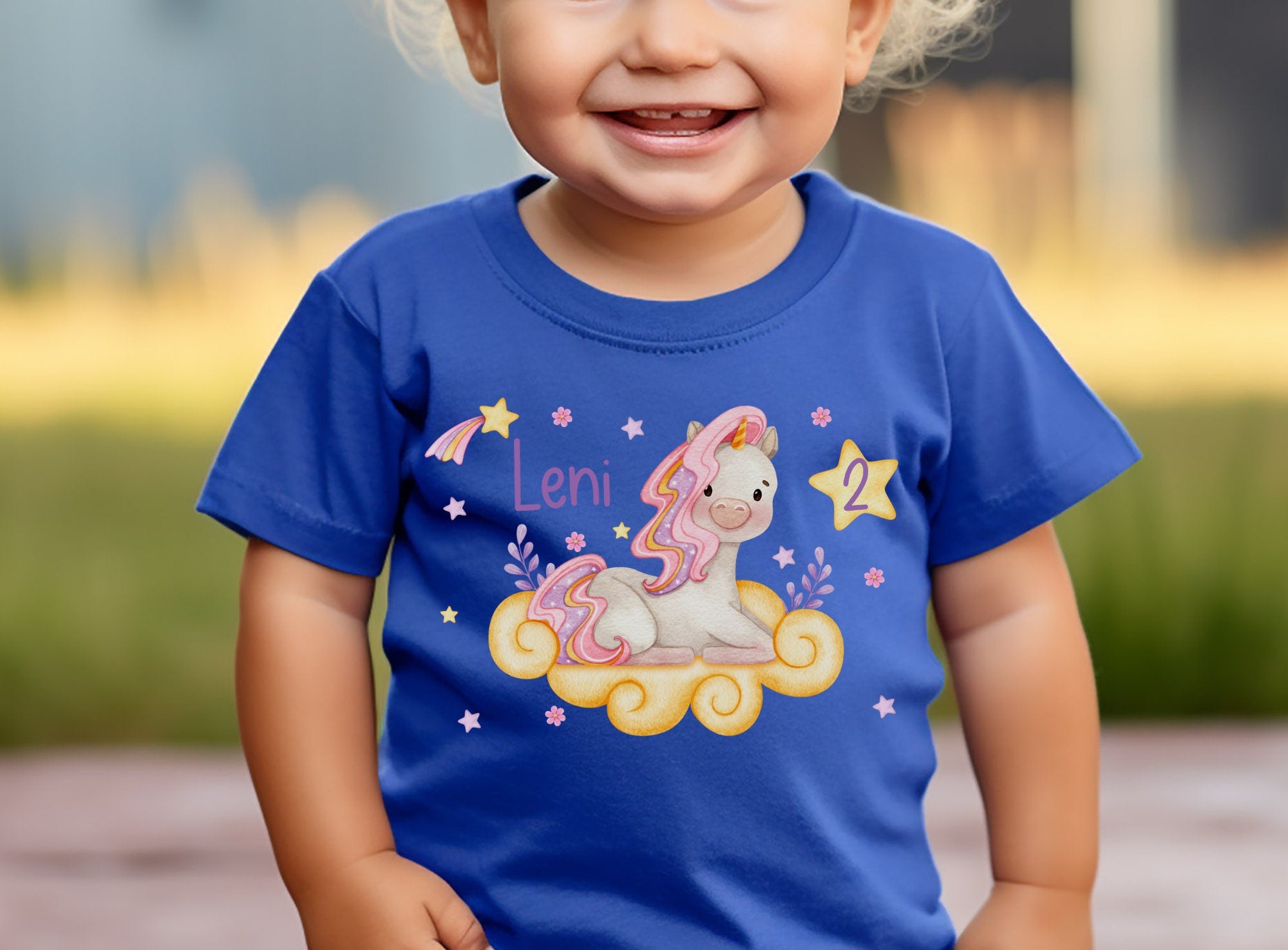 Geburtstagsshirt personalisiert Bauernhoftiere Einhorn Glitzer Wolken Regenbogen – T-shirts