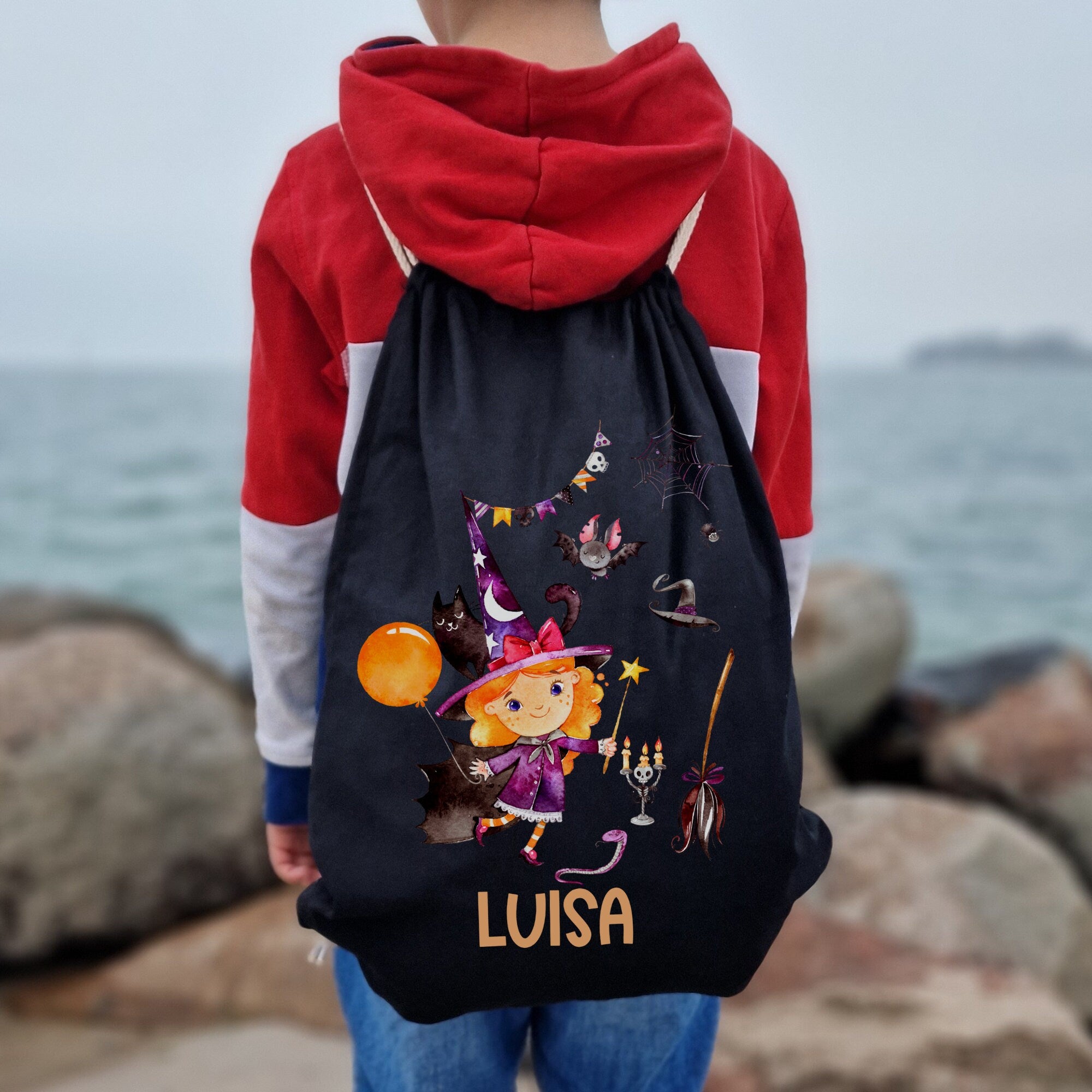 Turnbeutel mit Name personalisiert Hexe Halloween Zaubern Katze Zaubertrank – Team Sports & Gym Bags