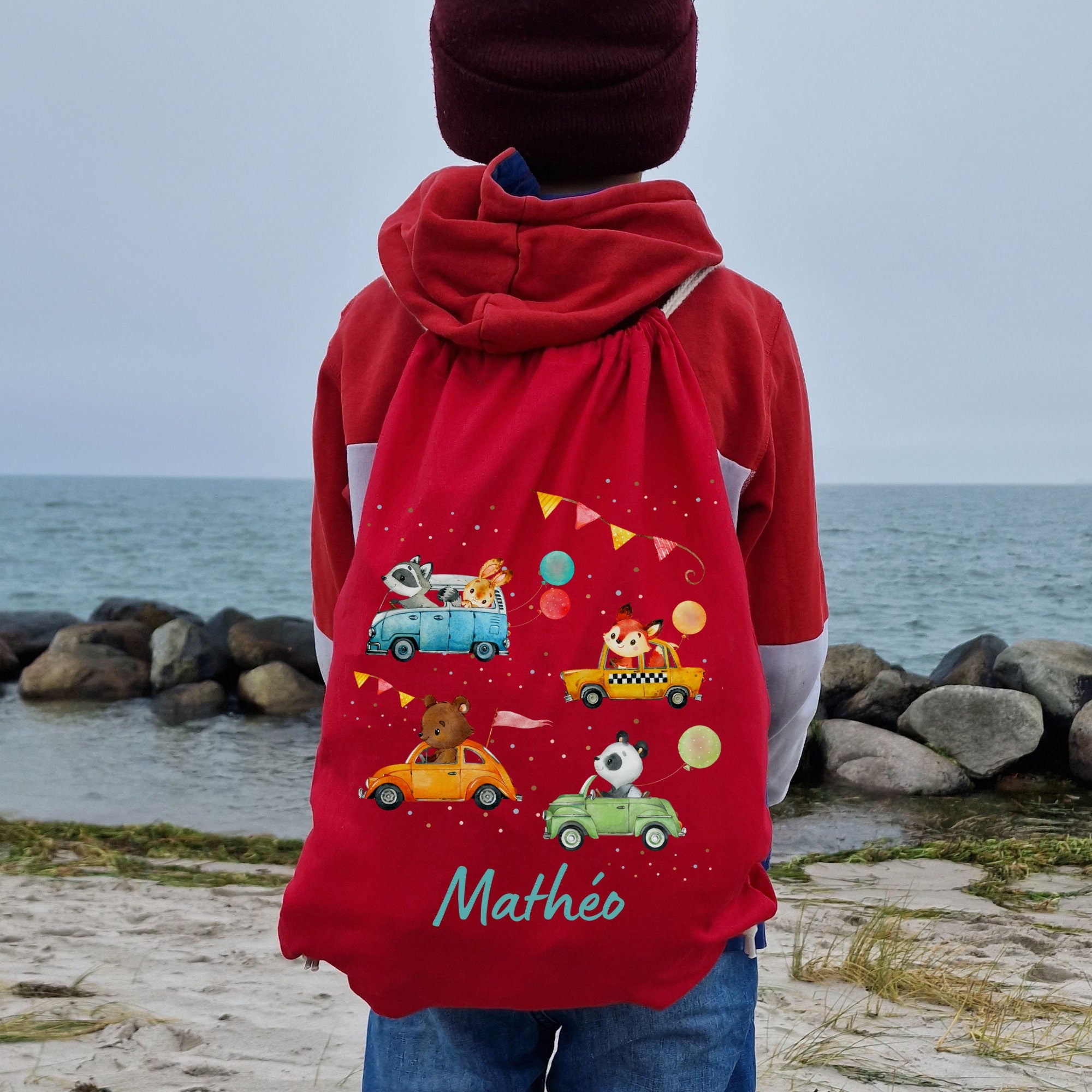 Turnbeutel mit Name personalisiert Fahrzeuge Auto Waldtiere Bär Fuchs Waschbär – Team Sports & Gym Bags