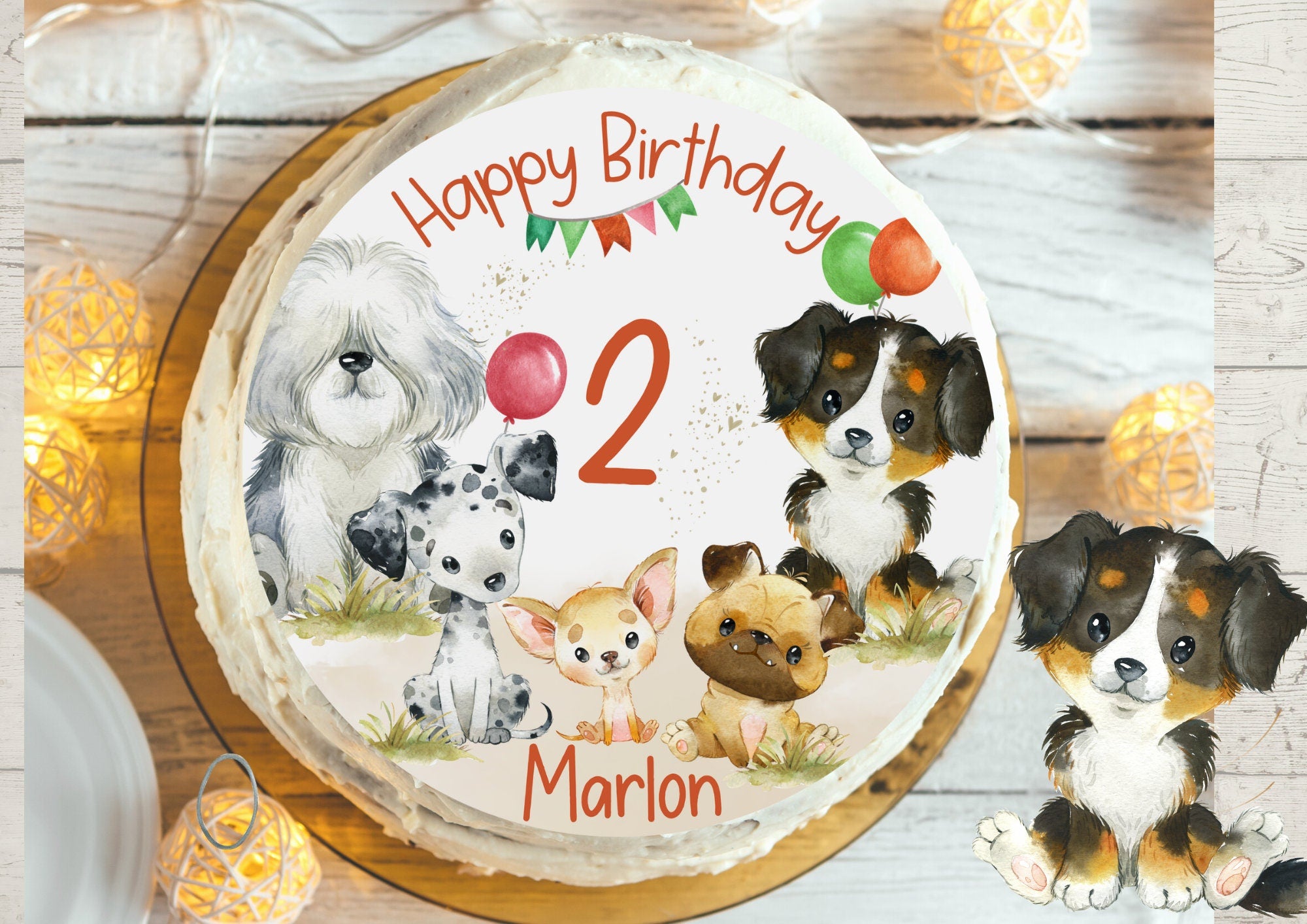 Tortenaufleger Hunde – personalisiertes Fondantbild mit Name & Zahl – Mops, Bobtail und Bernersennenhund – geburtstag 20 cm essbar – Party Decor