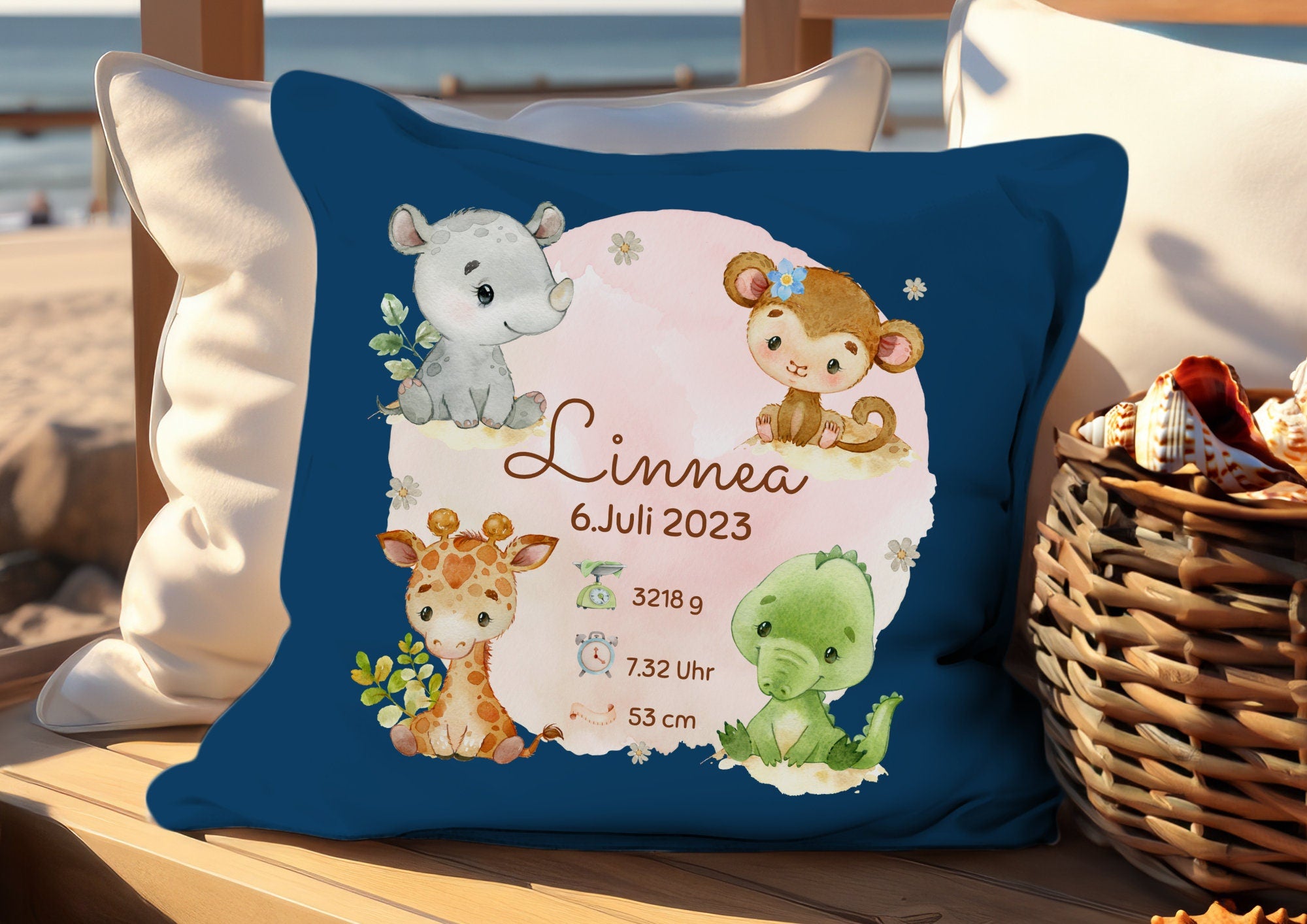 Kissenbezug Geburtskissen Geburtsdaten Geschenk zur Geburt personalisiert Safaritiere Affe Krokodil Giraffe Nashorn – Pillowcases