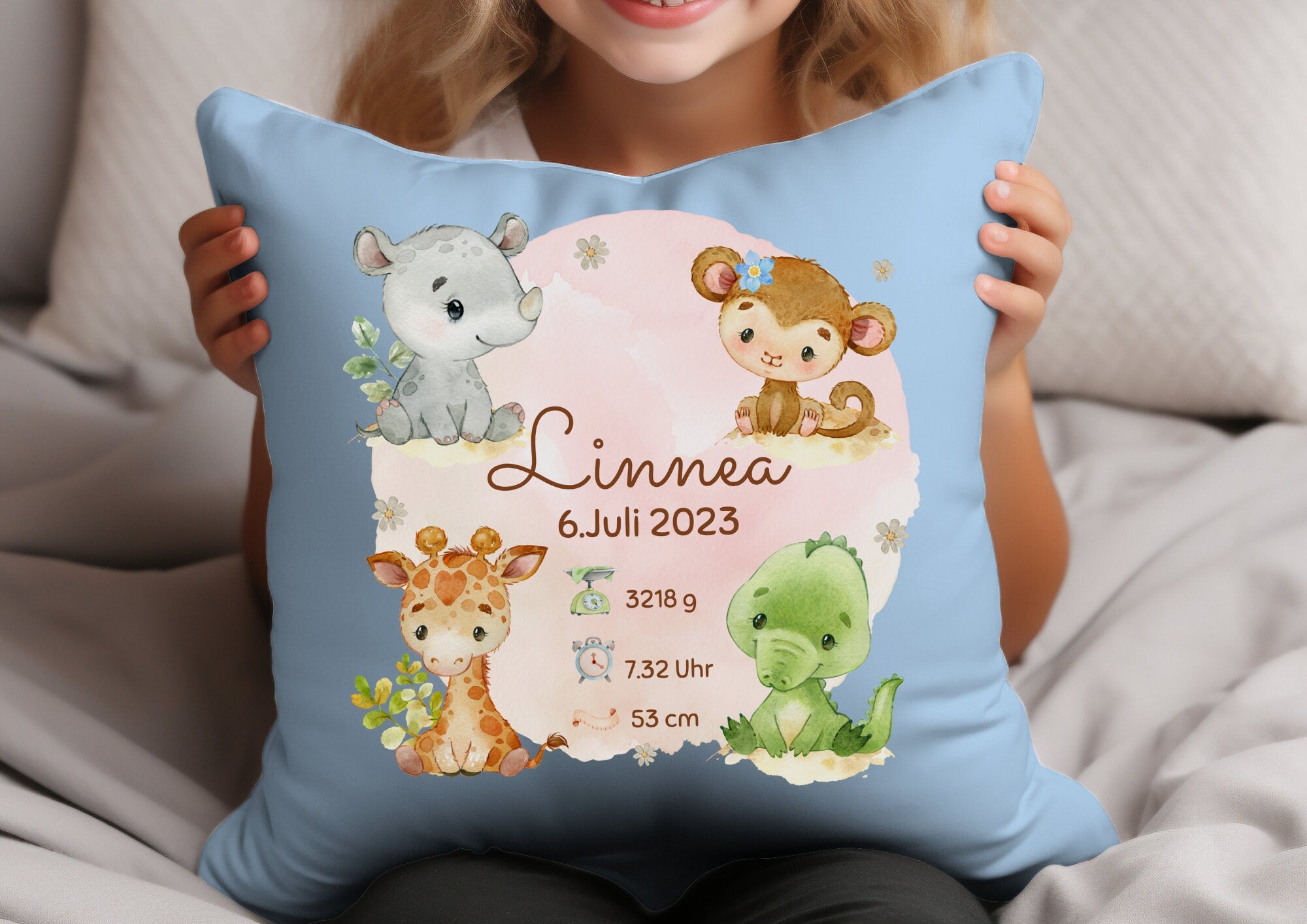 Kissenbezug Geburtskissen Geburtsdaten Geschenk zur Geburt personalisiert Safaritiere Affe Krokodil Giraffe Nashorn – Pillowcases