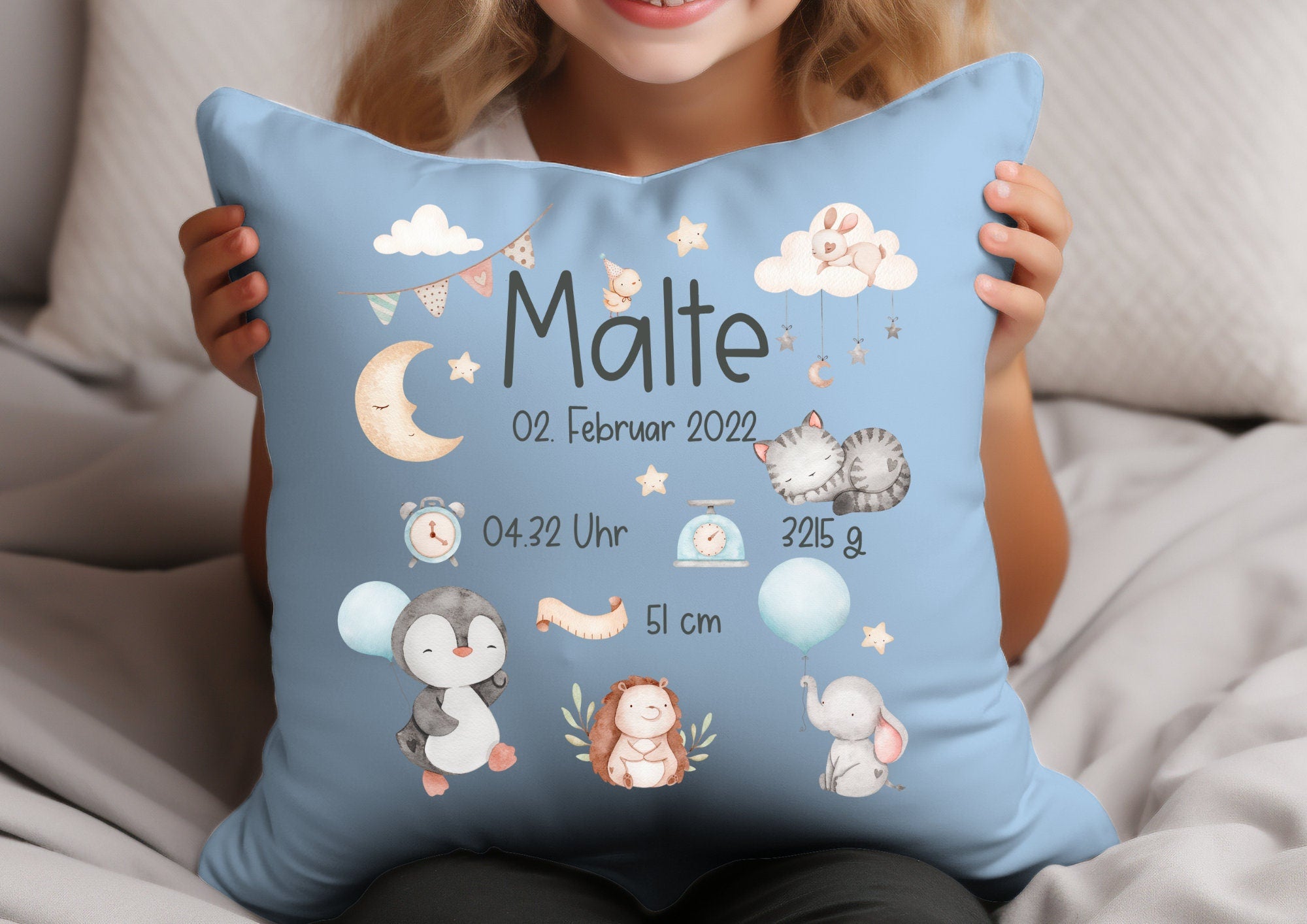 Kissenbezug Geburtskissen Geburtsdaten Geschenk zur Geburt personalisiert Pinguin Katze Elefant Igel Wolke – Pillowcases