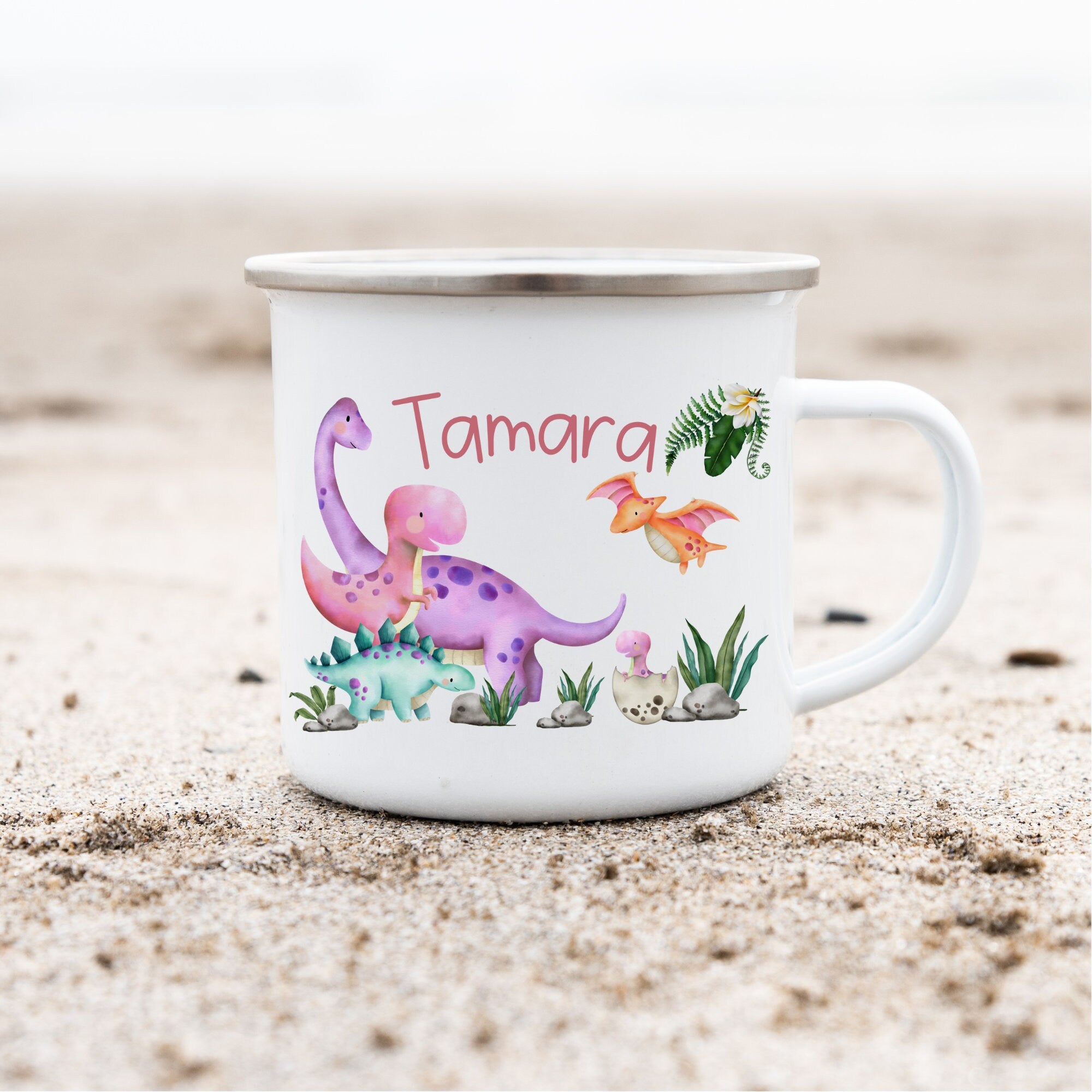 Emailletasse mit Namen personalisiert Dino Dinosaurier T-Rex rosa – Mugs