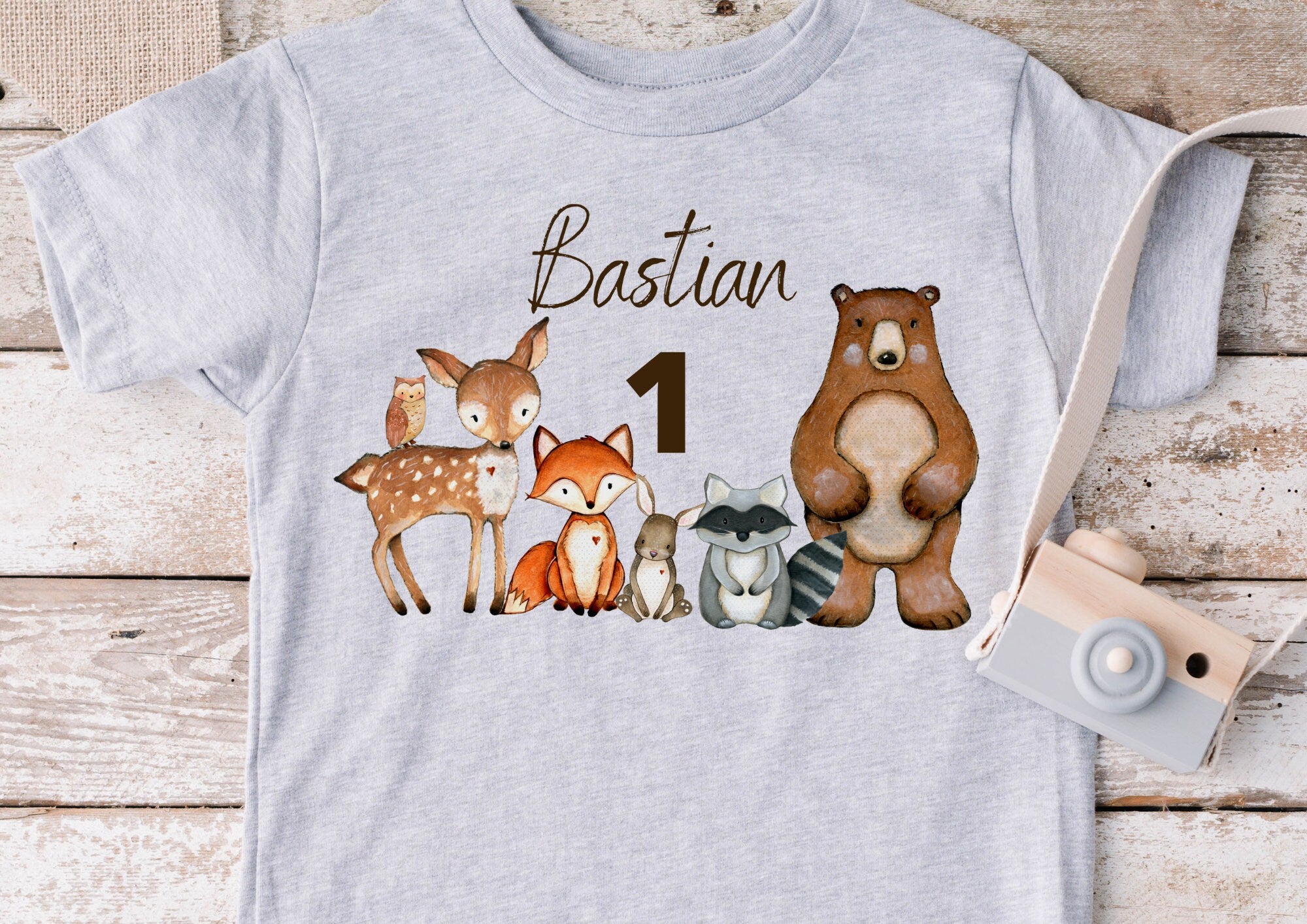 Bügelbild Waldtiere mit Name & Zahl – Geburtstagsshirt – für farbige ien – Fuchs Reh Waschbär Bär A4 oder A5 – Appliques & Patches