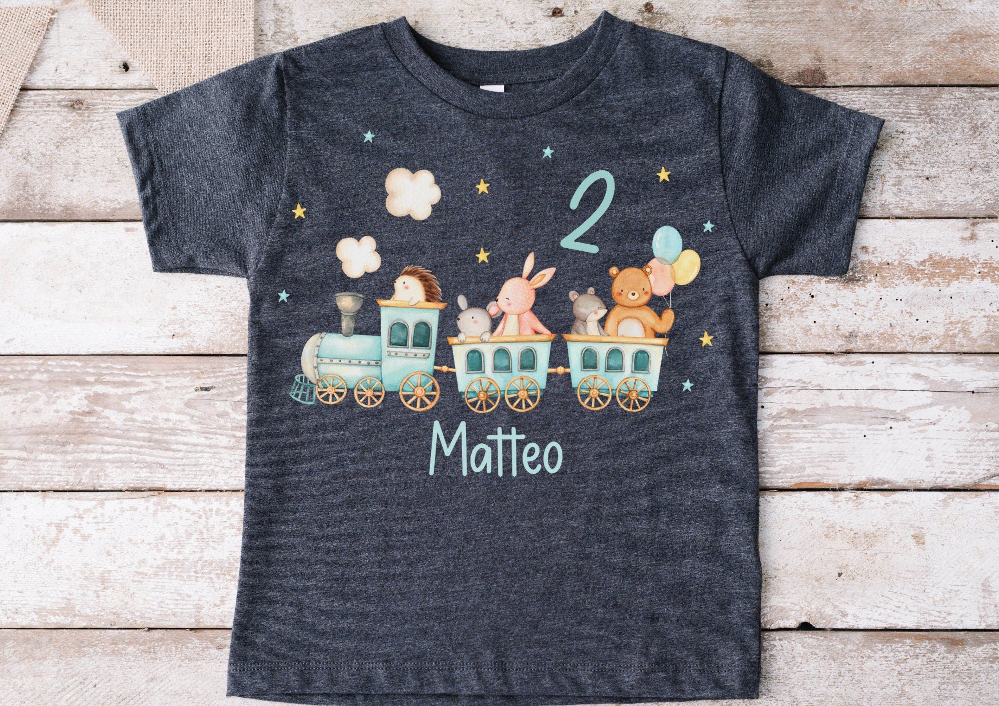 Bügelbild mit Wunschname und Alter personalisiert Lokomotive Zug Eisenbahn Lok Luftballon Tiere Bär Hase Igel – Appliques & Patches