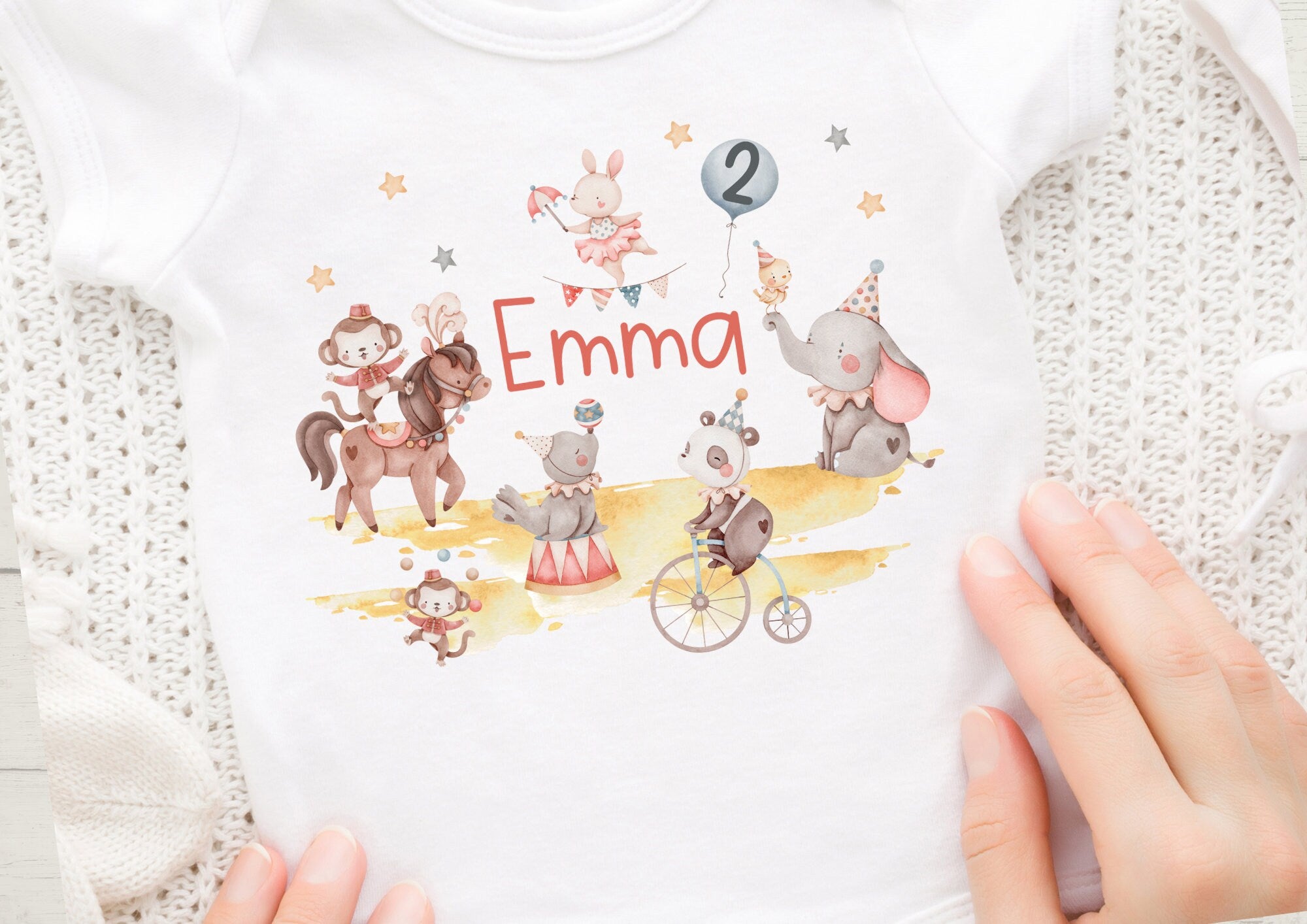 Bügelbild mit Wunschname und Alter personalisiert Zirkus Zirkustiere Pferd Affe Elefant Panda – Appliques & Patches