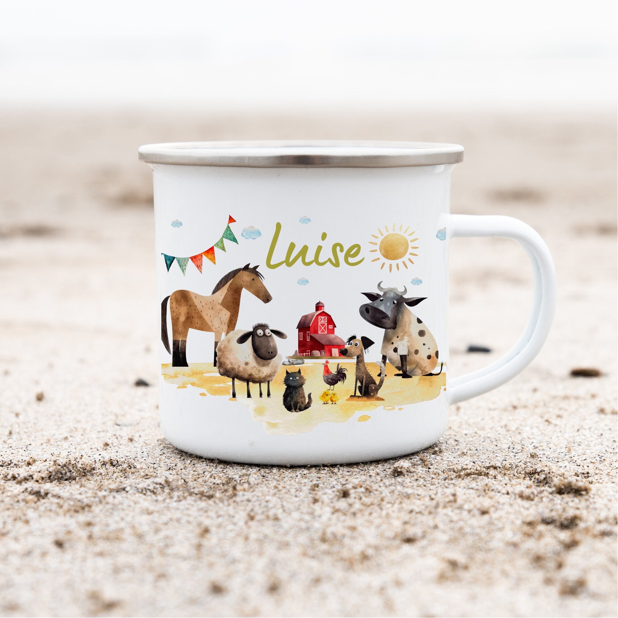 Emailletasse mit Namen personalisiert Traktor Trecker Bauernhof Pferd Hund Katze Tiere – Mugs