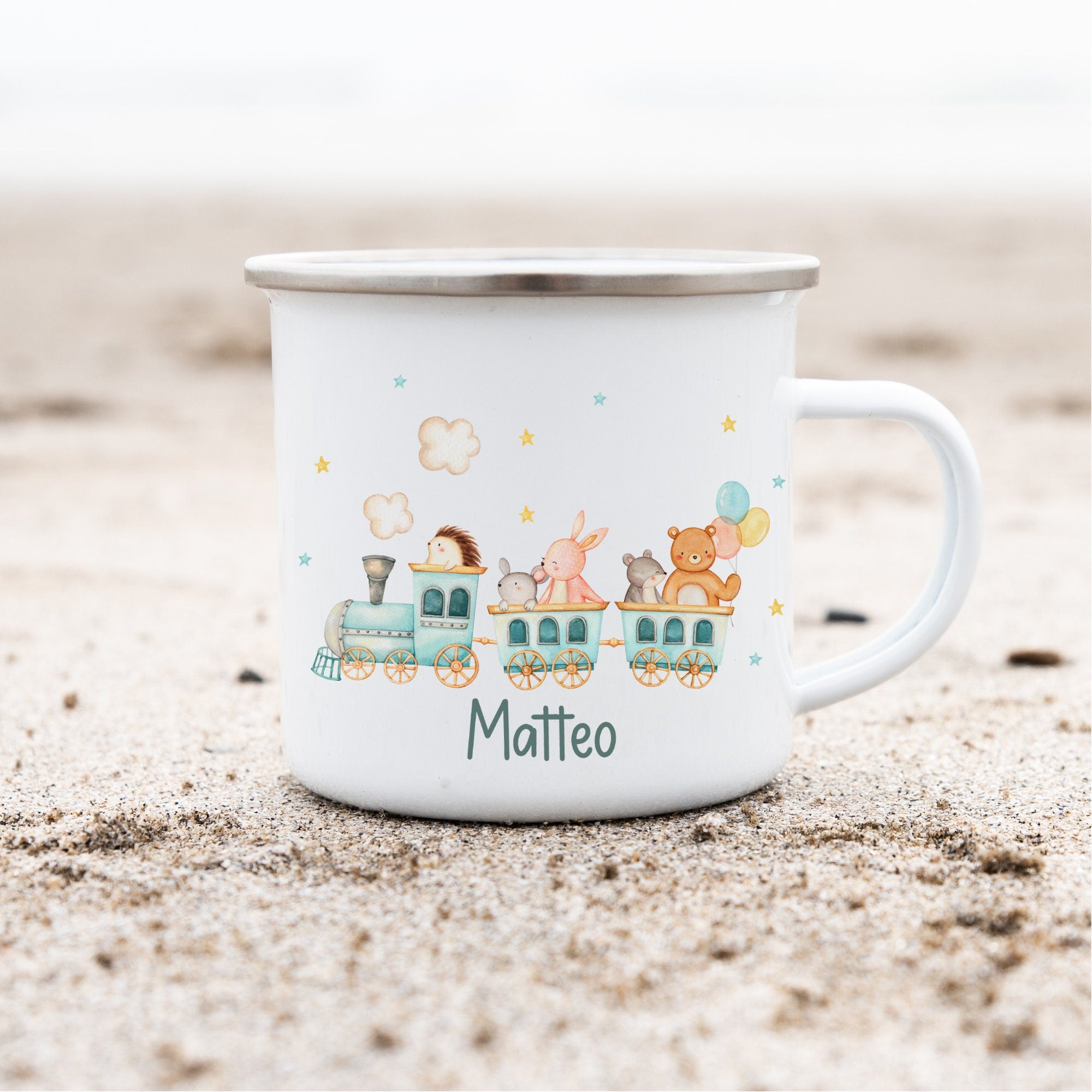 Emailletasse mit Namen personalisiert Zug Lokomotive Tiere Bär Hase – Mugs
