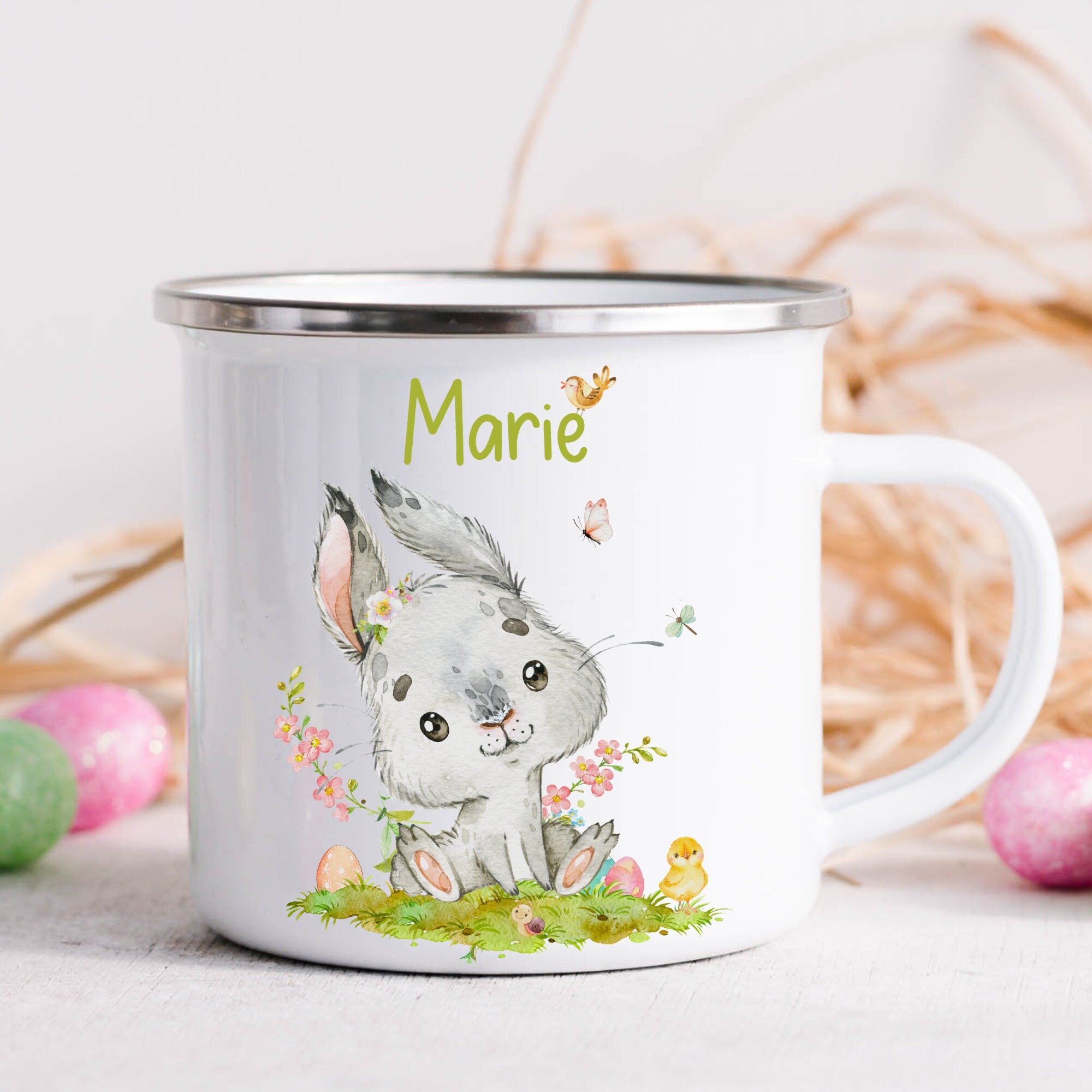 Emailletasse mit Namen personalisiert Ostern Osterhase Osterbecher Ostergeschirr Osterdeko Hase