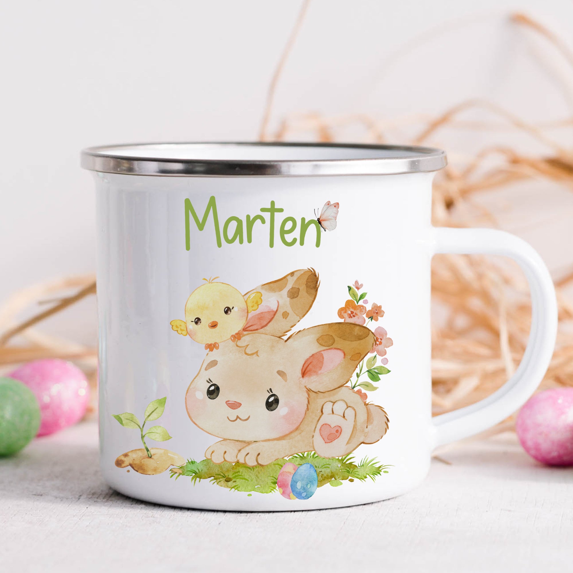 Emailletasse mit Namen personalisiert Ostern Osterhase Osterbecher Ostergeschirr Osterdeko Hase Frühling – Mugs