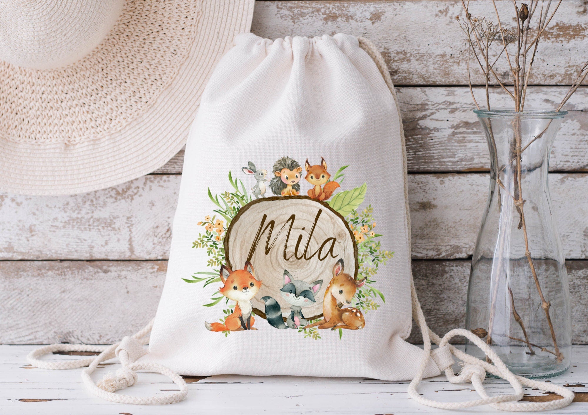 Turnbeutel mit Namen Waldtiere – Kita Tasche Fuchs Reh Hase – personalisiert für & Wechselwäsche – Team Sports & Gym Bags