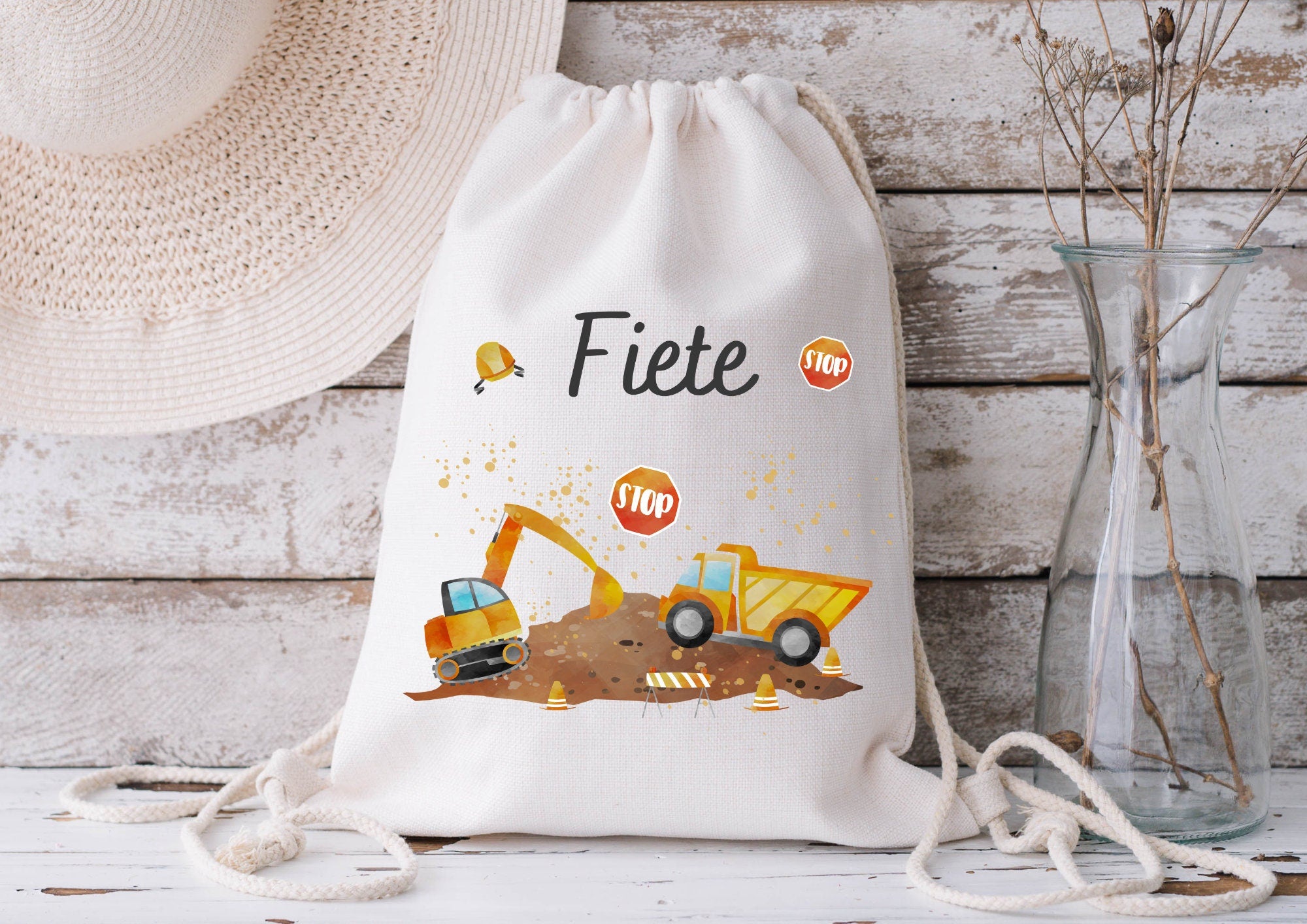 mit Namen – Bagger & Radlader Motiv – personalisiert – Turnbeutel Baustelle – Kita und Einschulung n – Baumwolle – Team Sports & Gym Bags