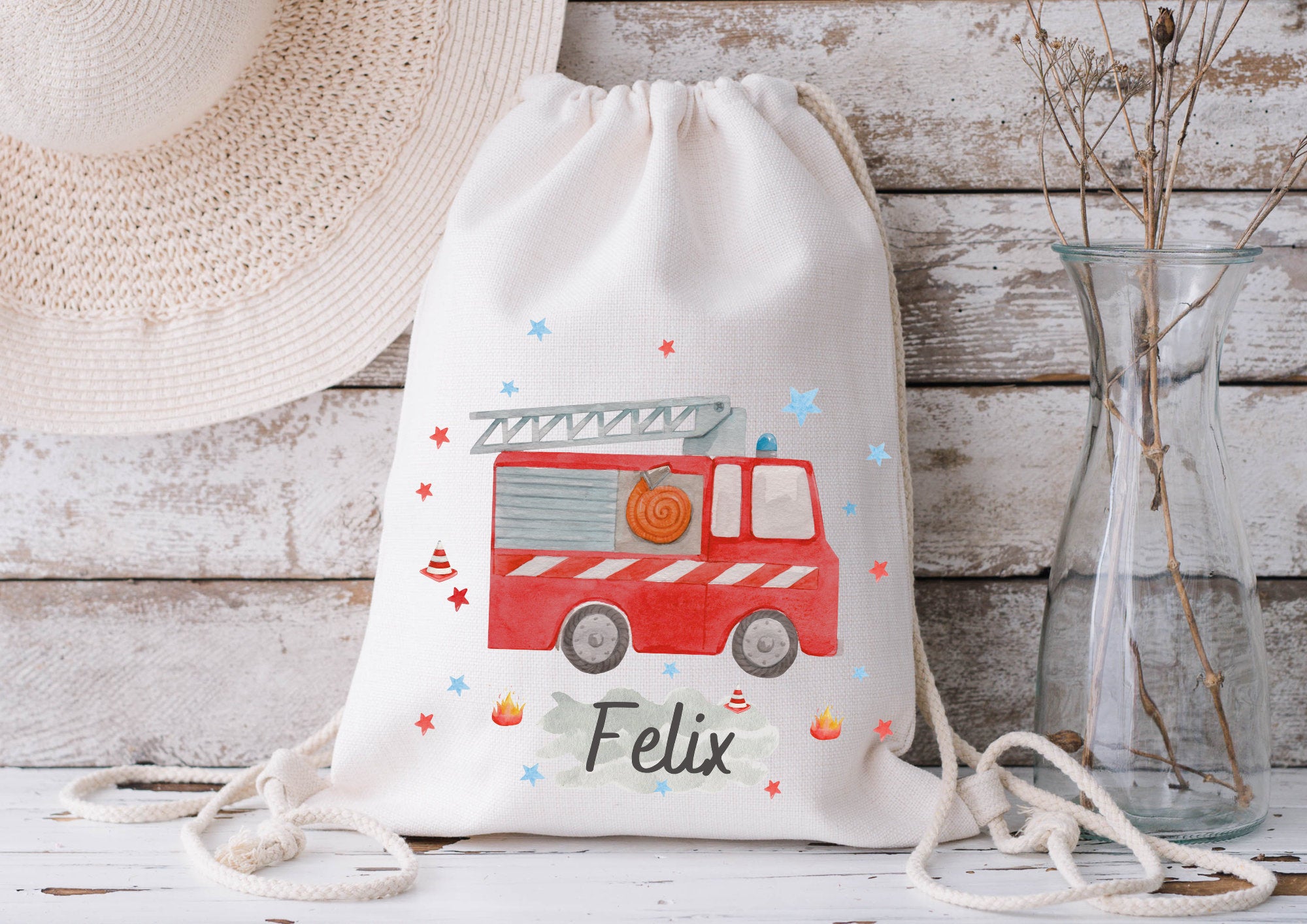 Turnbeutel Feuerwehr mit Namen – personalisiert – Feuerwehrauto Beutel Kita Schule – Geschenk Einschulung Wechselwäsche – Team Sports & Gym Bags