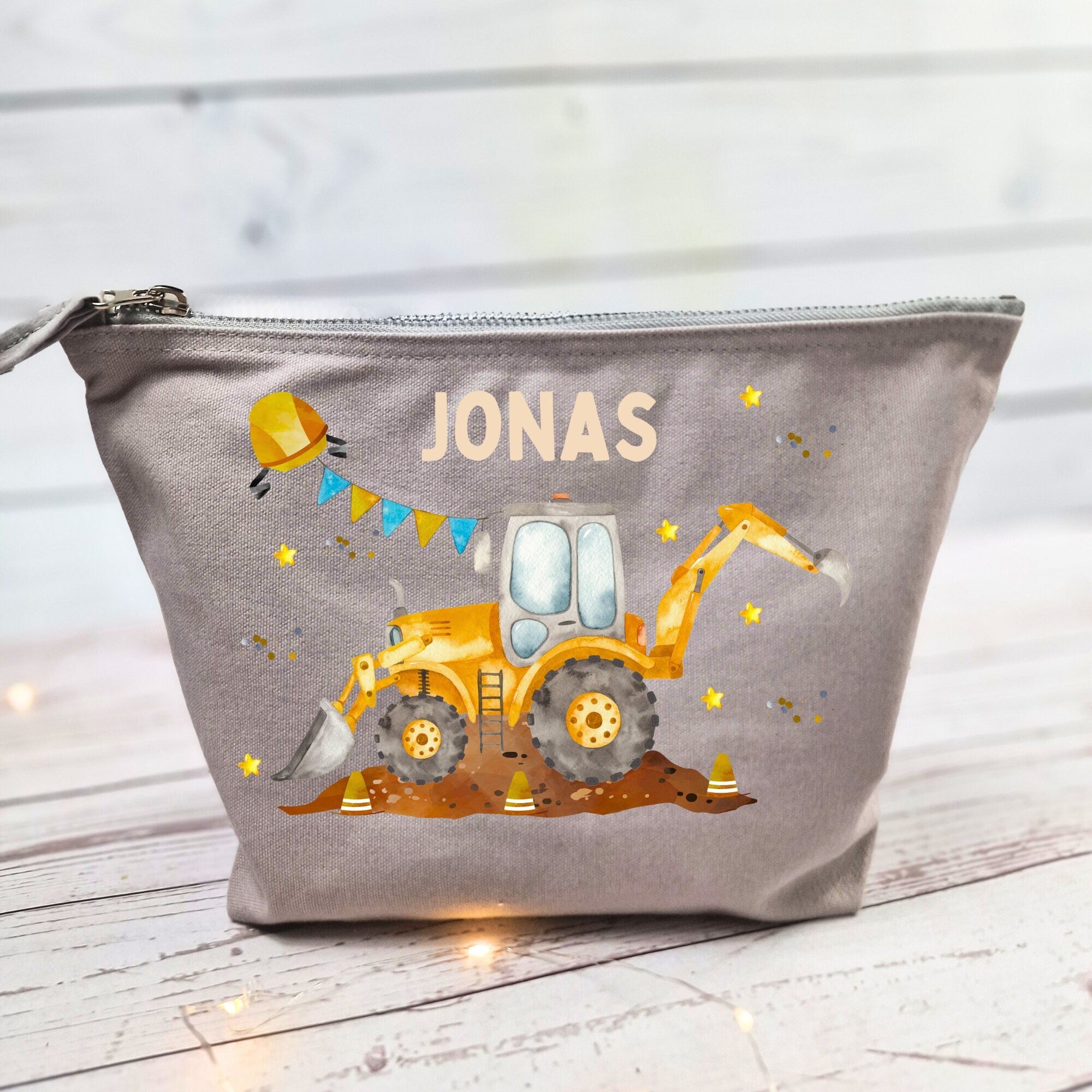 Wickeltasche mit Namen personalisiert Kulturbeutel Waschbeutel Bagger Radlader Baustelle Bauarbeiter – Diaper Caddies