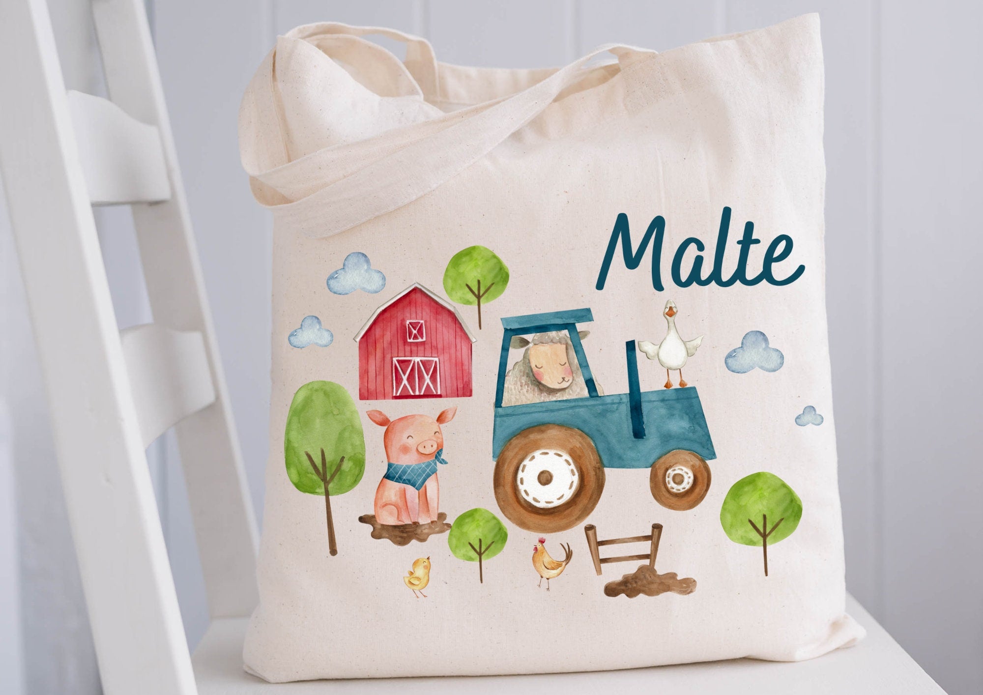 Turnbeutel Jutebeutel Jutetasche mit Namen Beutel für Wechselwäsche personalisiert Traktor Trecker Bauernhof blau – Team Sports & Gym Bags