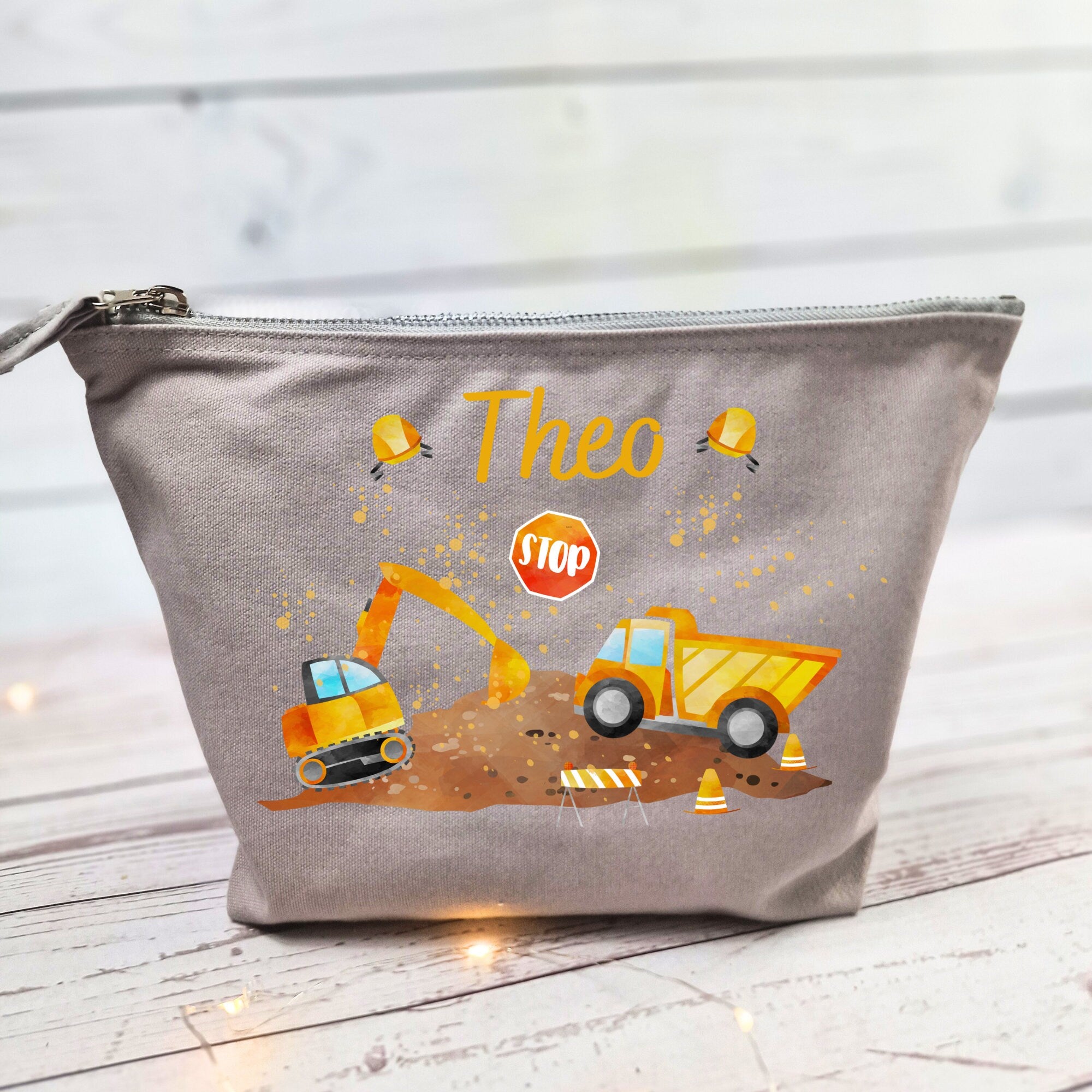 Wickeltasche mit Namen personalisiert Kulturbeutel Waschbeutel Bagger Radlader Baustelle Bauarbeiter – Diaper Caddies