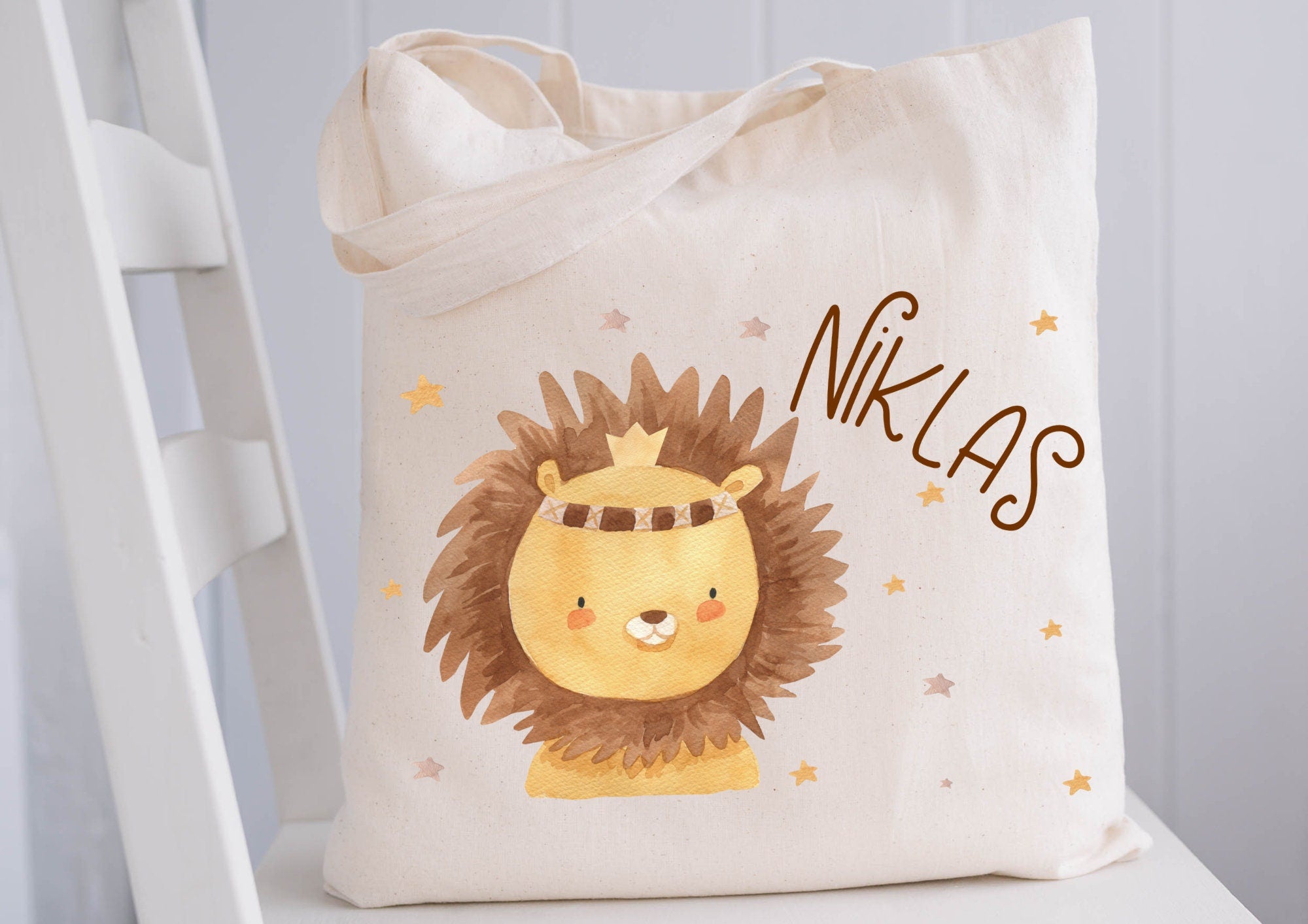 Turnbeutel Jutebeutel Jutetasche mit Namen Beutel für Wechselwäsche personalisiert Boho Löwe Wild One Dschungel – Team Sports & Gym Bags