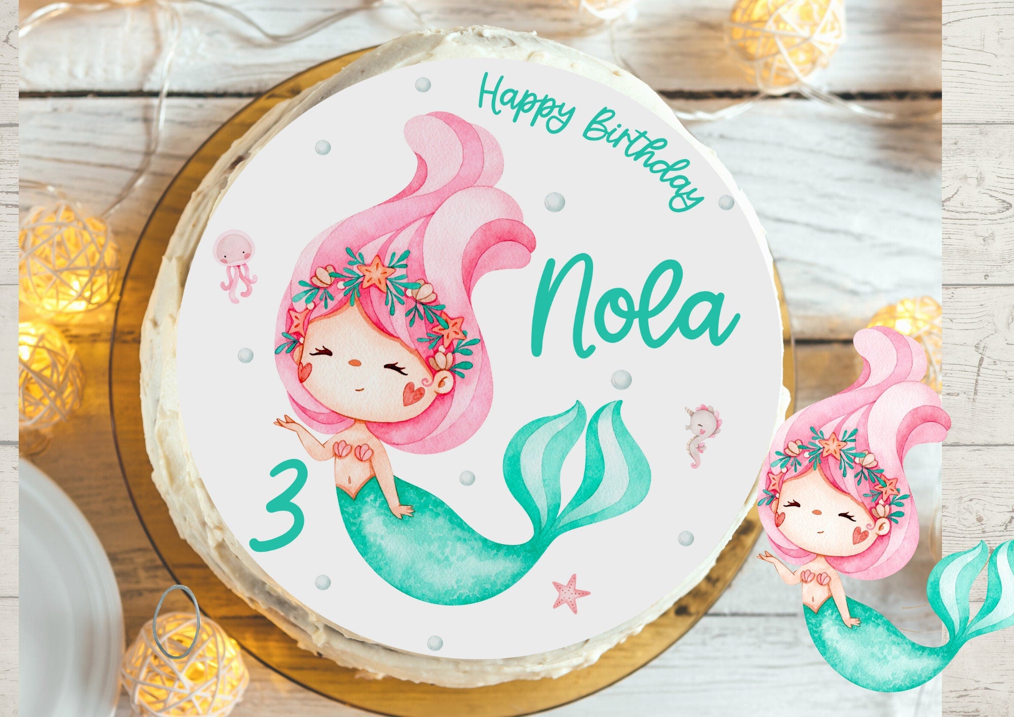 Tortenaufleger Meerjungfrau – personalisiert mit Name & Zahl – Fondantbild für geburtstag – essbar vegan glutenfrei Ø 20 cm – Party Decor